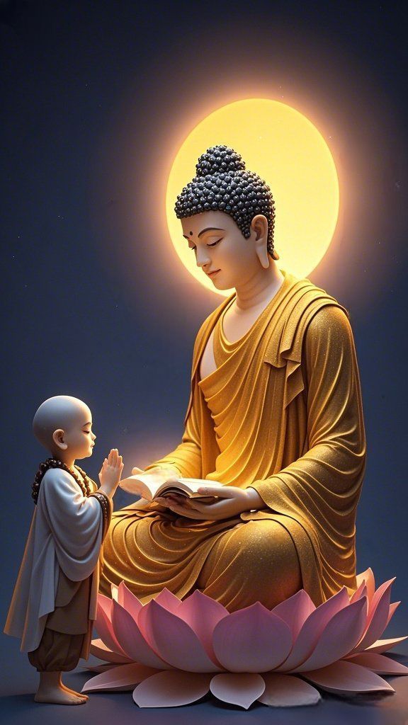 Buddha and a young monk in prayer
