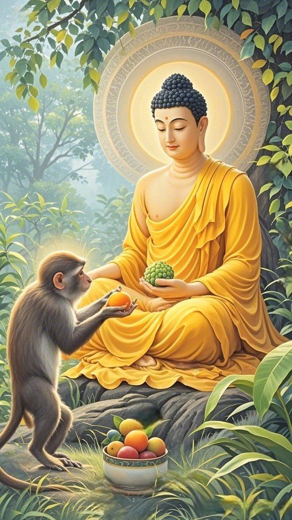 Buddha receiving fruit from a monkey