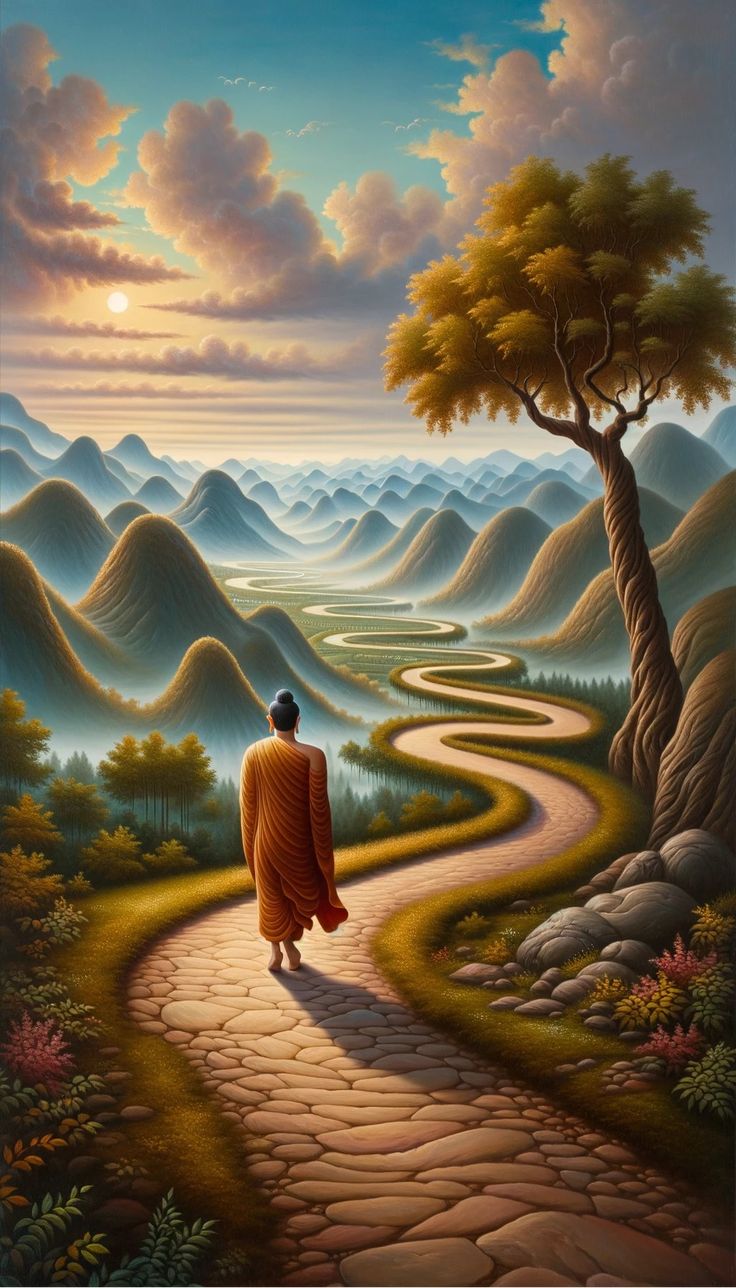 Buddha walking a winding mountain path