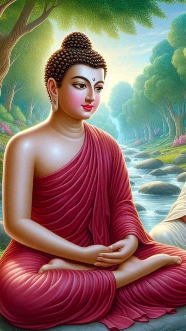 Buddha meditating in serene forest setting.