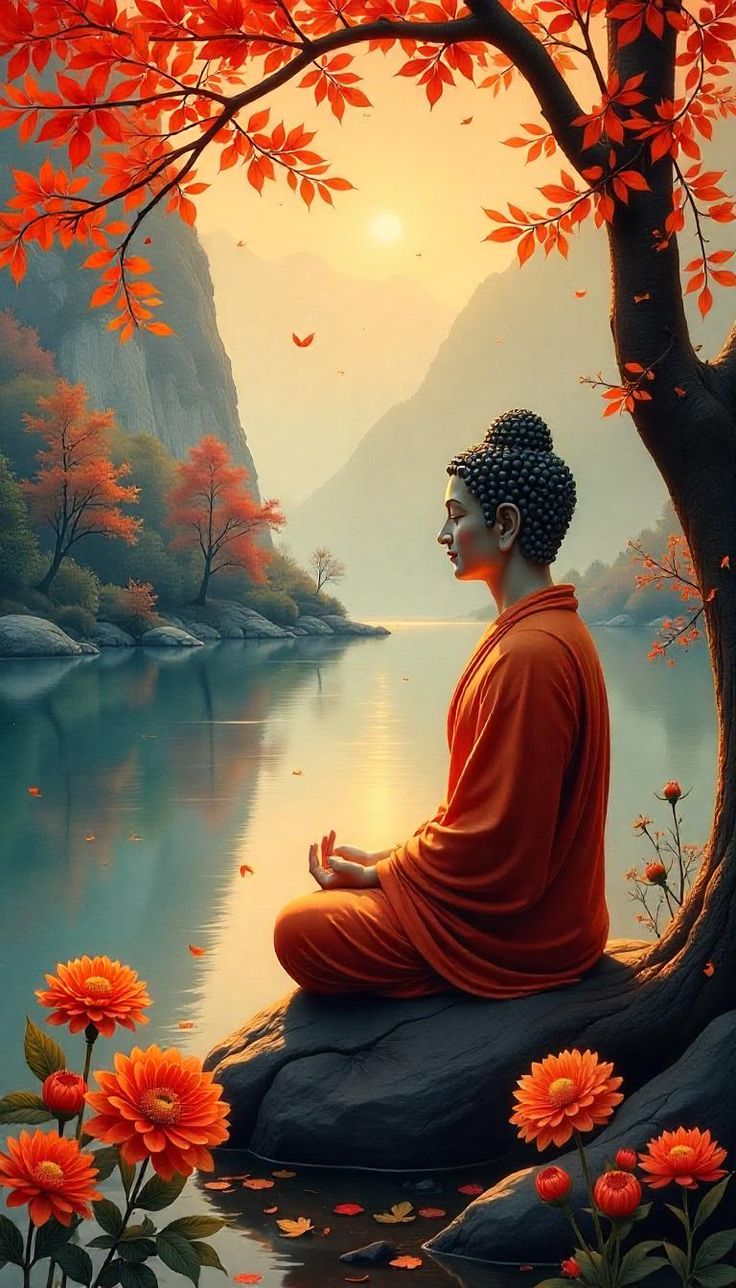 Buddha meditating by a tranquil lake