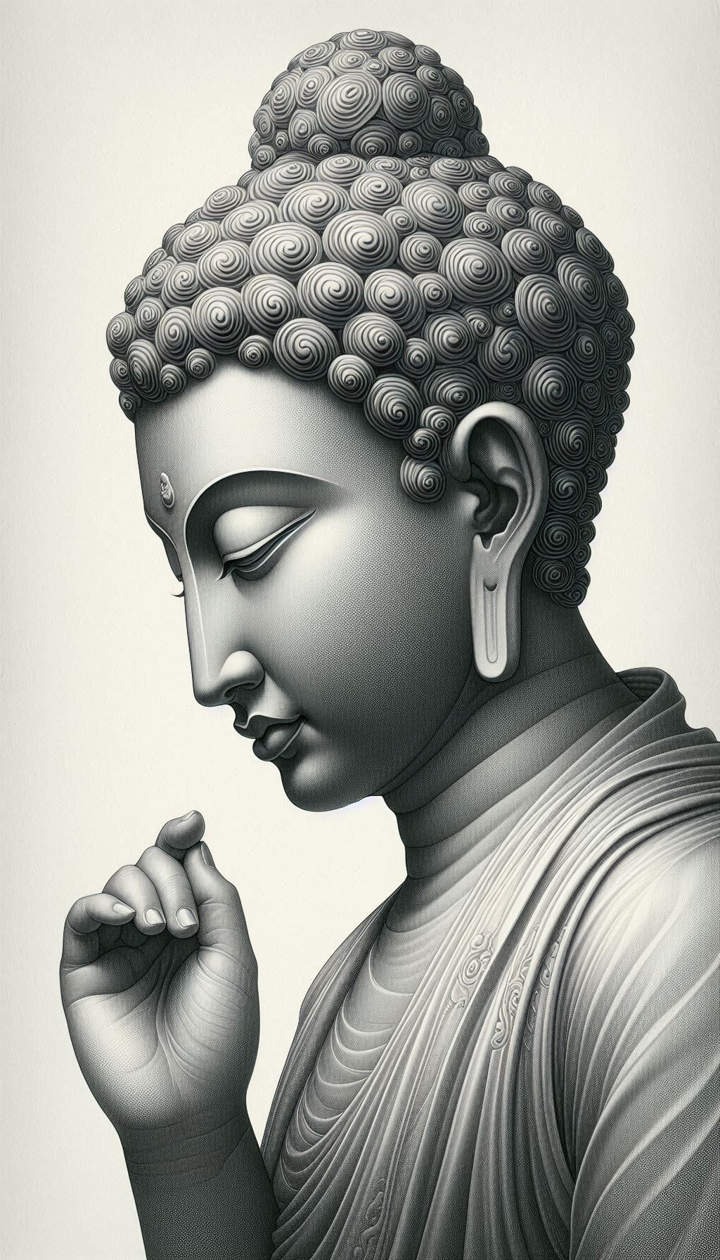 Buddha portrait, serene, grayscale, peaceful