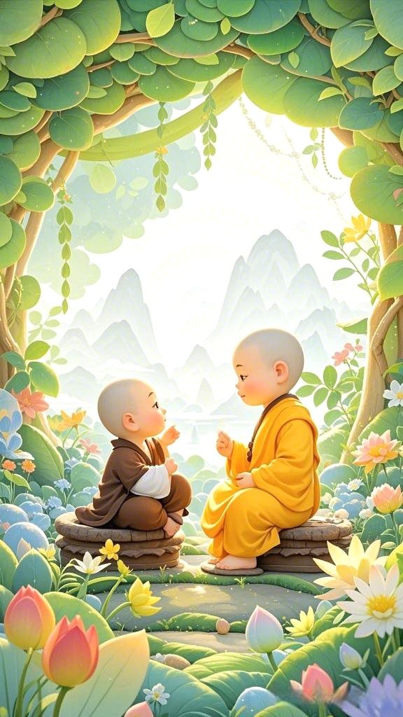 Two young monks meditating in a garden