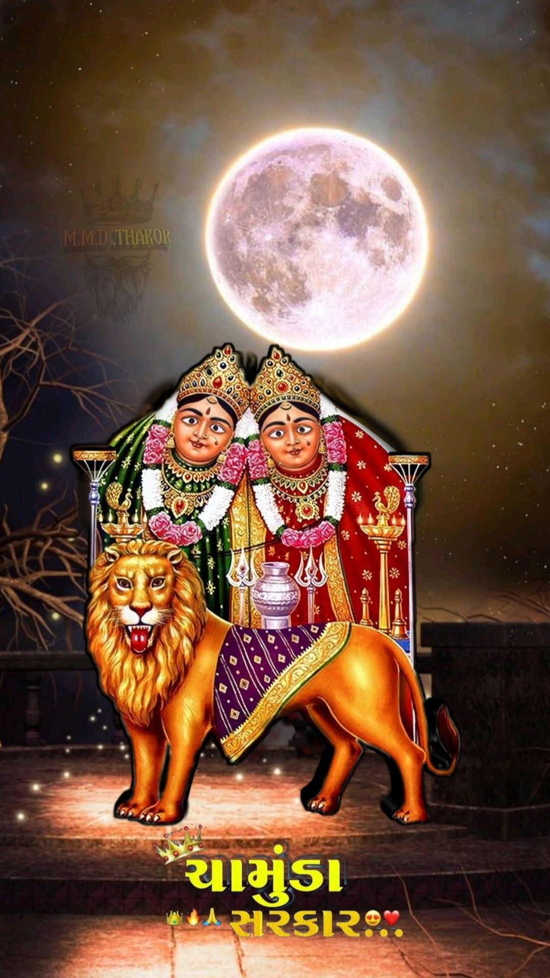 Chamunda Maa riding a lion under moon