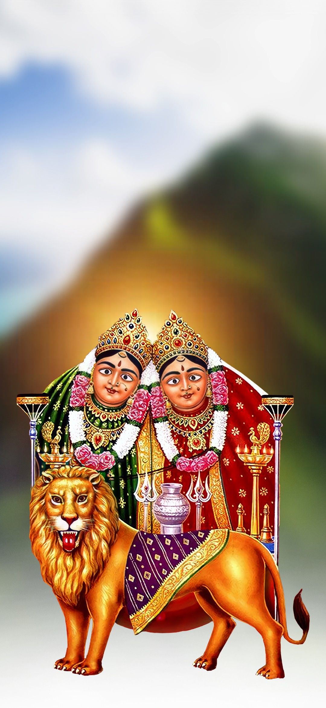 Chamunda Maa with lion and trident.