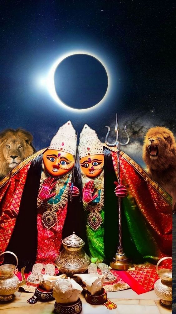 Chamunda Maa with lions and eclipse.