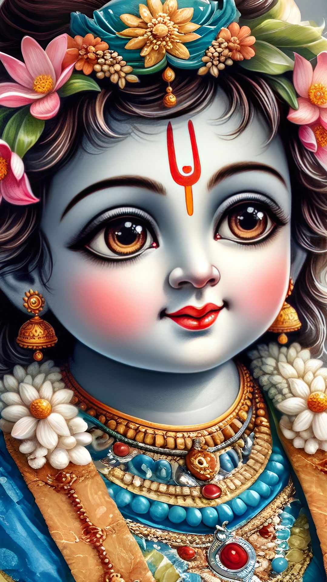 Cute baby Krishna with flower garland