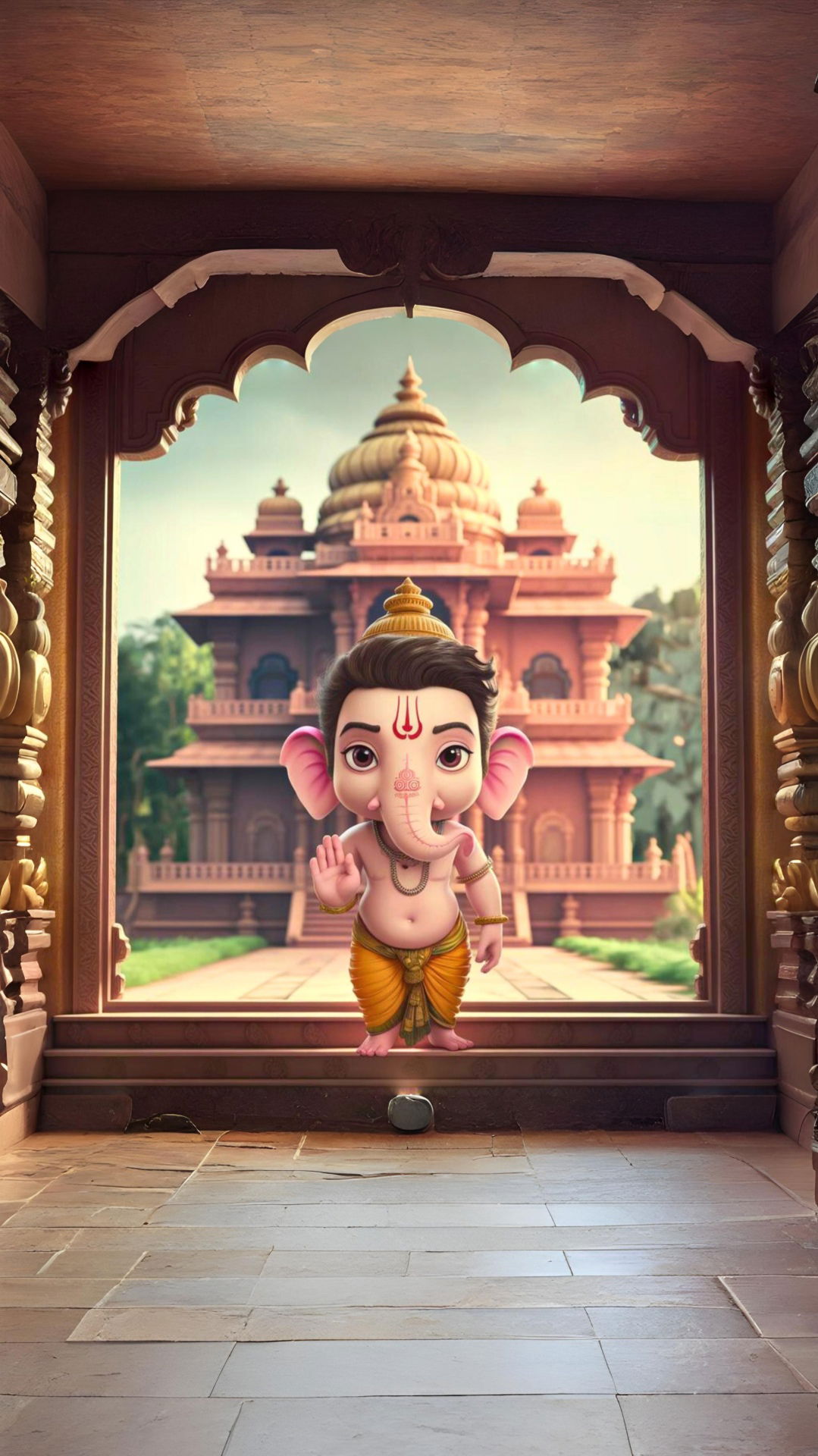 Baby Ganesha welcomes from temple doorway