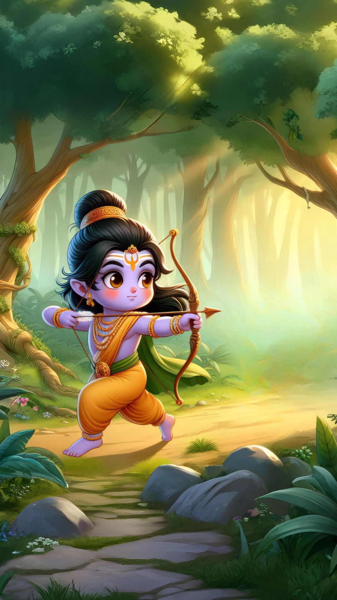 Young Ram aims arrow in forest