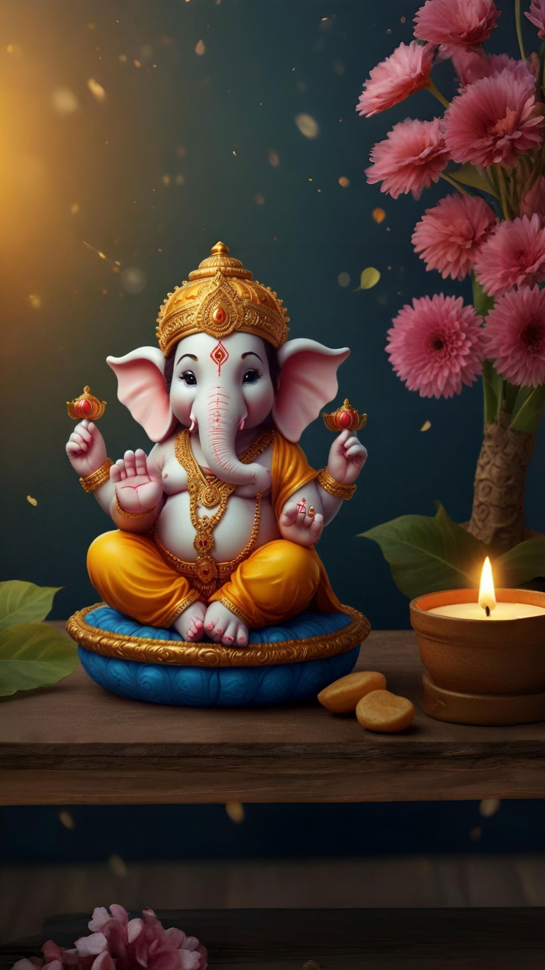 Lord Ganesha with flowers and candle