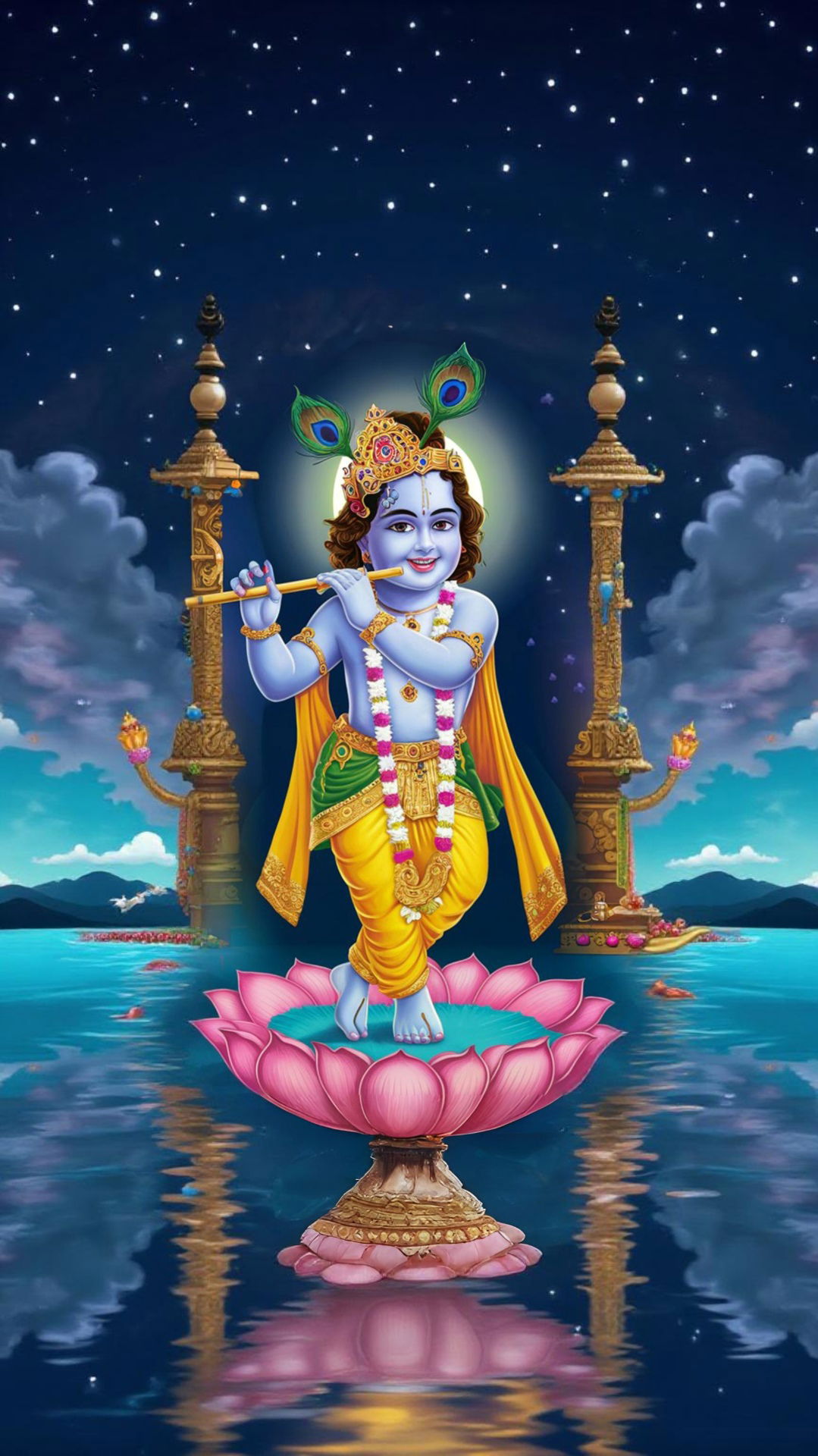 Baby Krishna playing flute on lotus