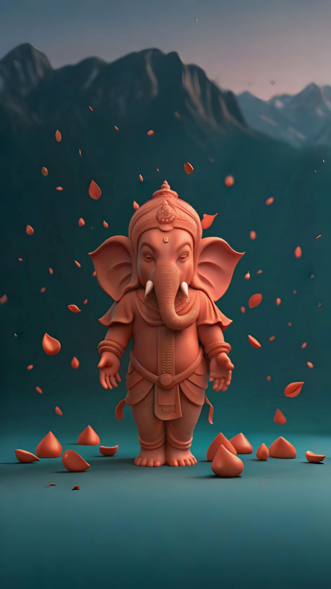 Lord Ganesha amidst falling petals