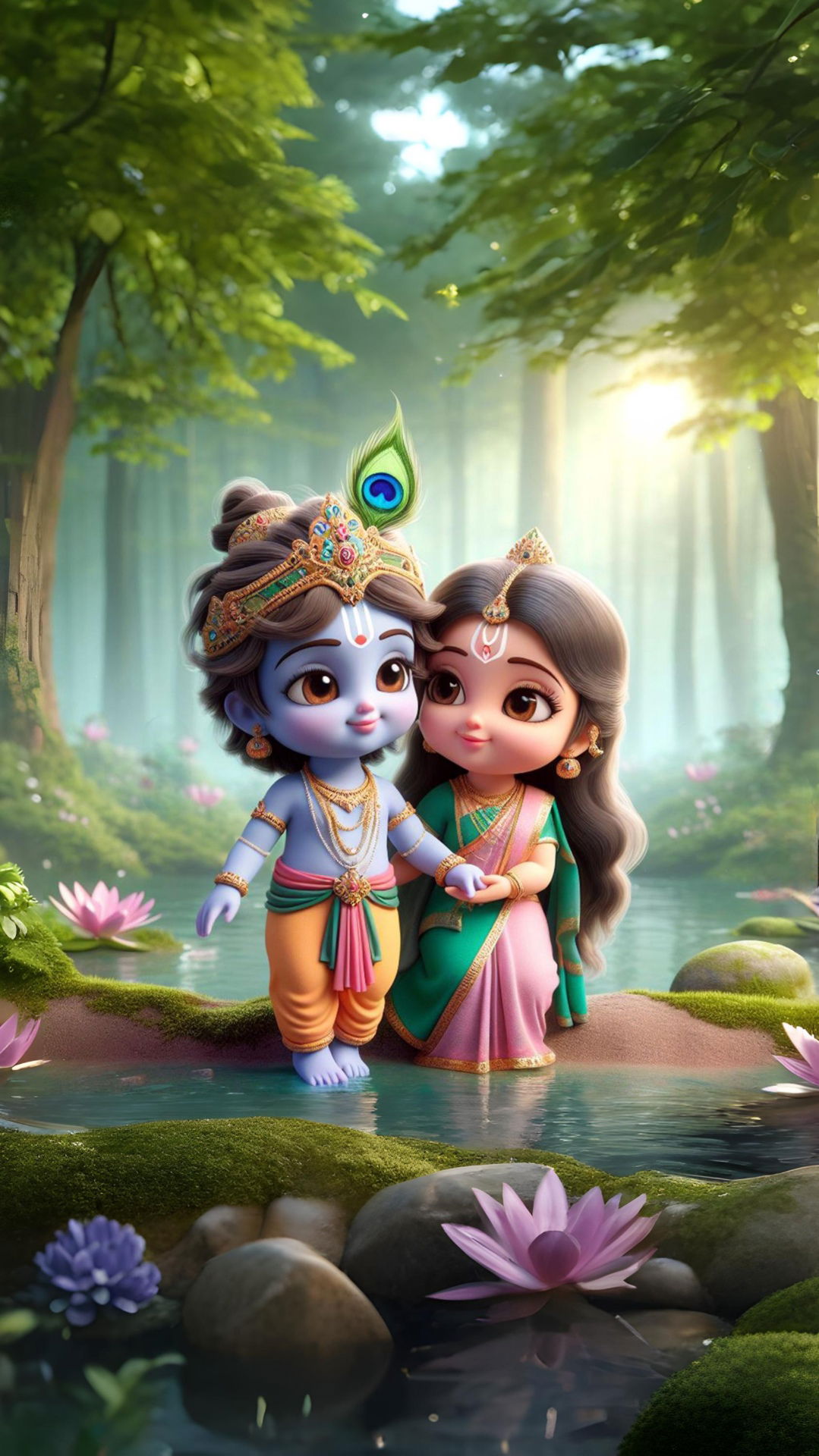 Krishna and Radha in a forest setting