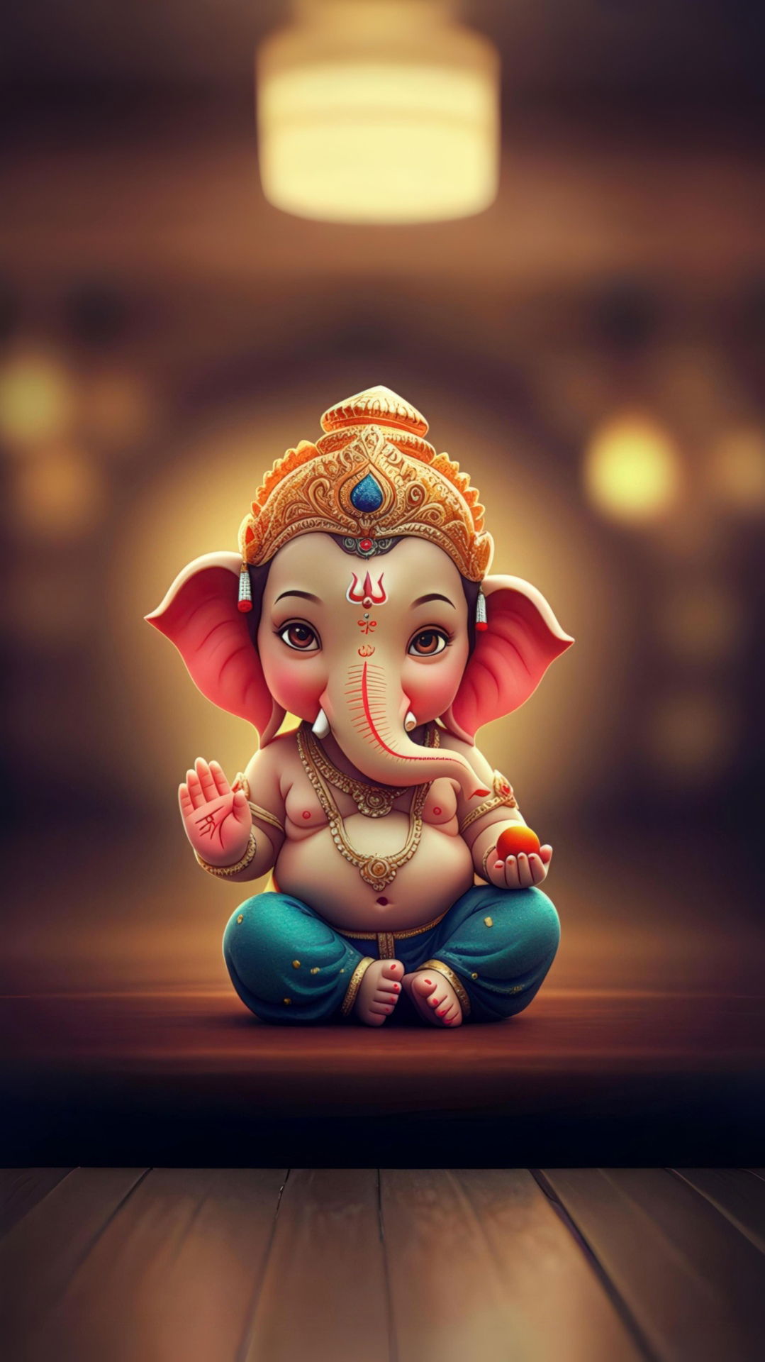 Lord Ganesha sits peacefully on wood