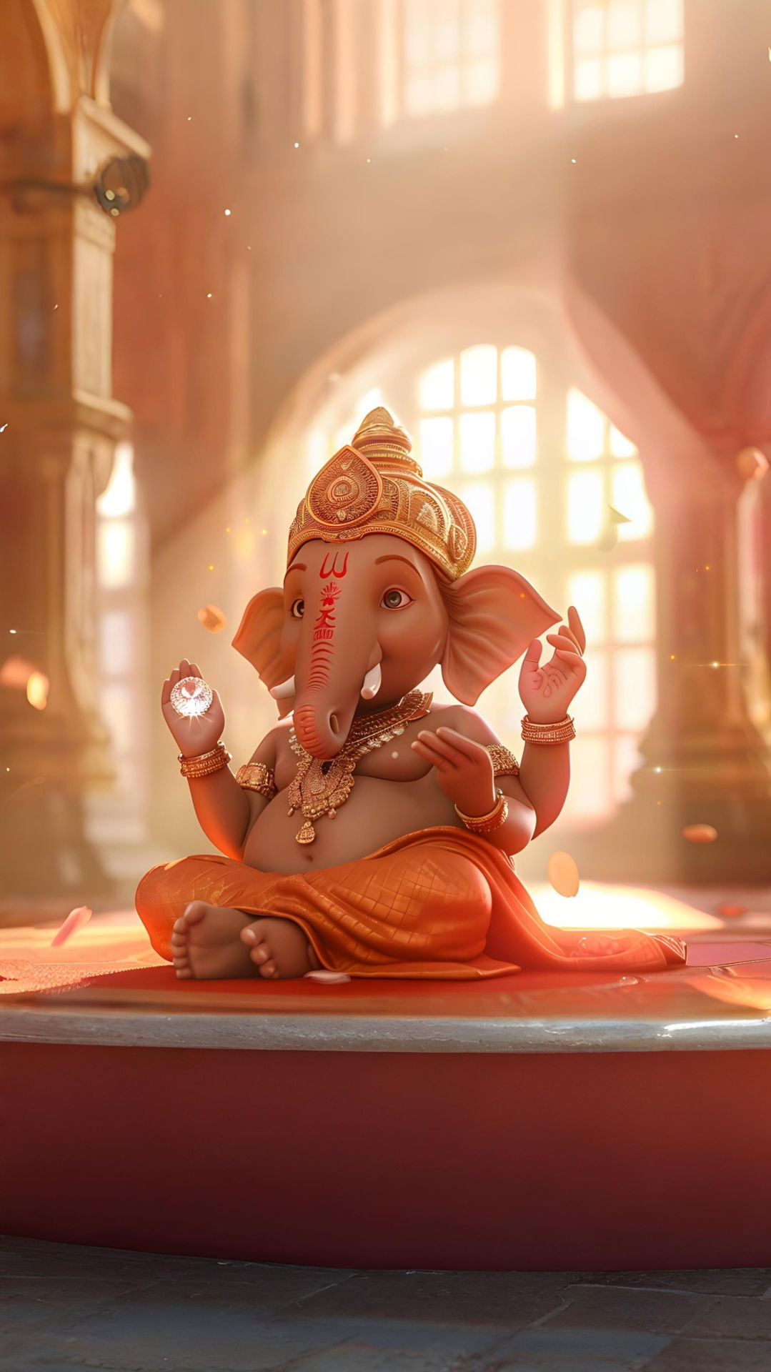 Lord Ganesha sits in golden light.