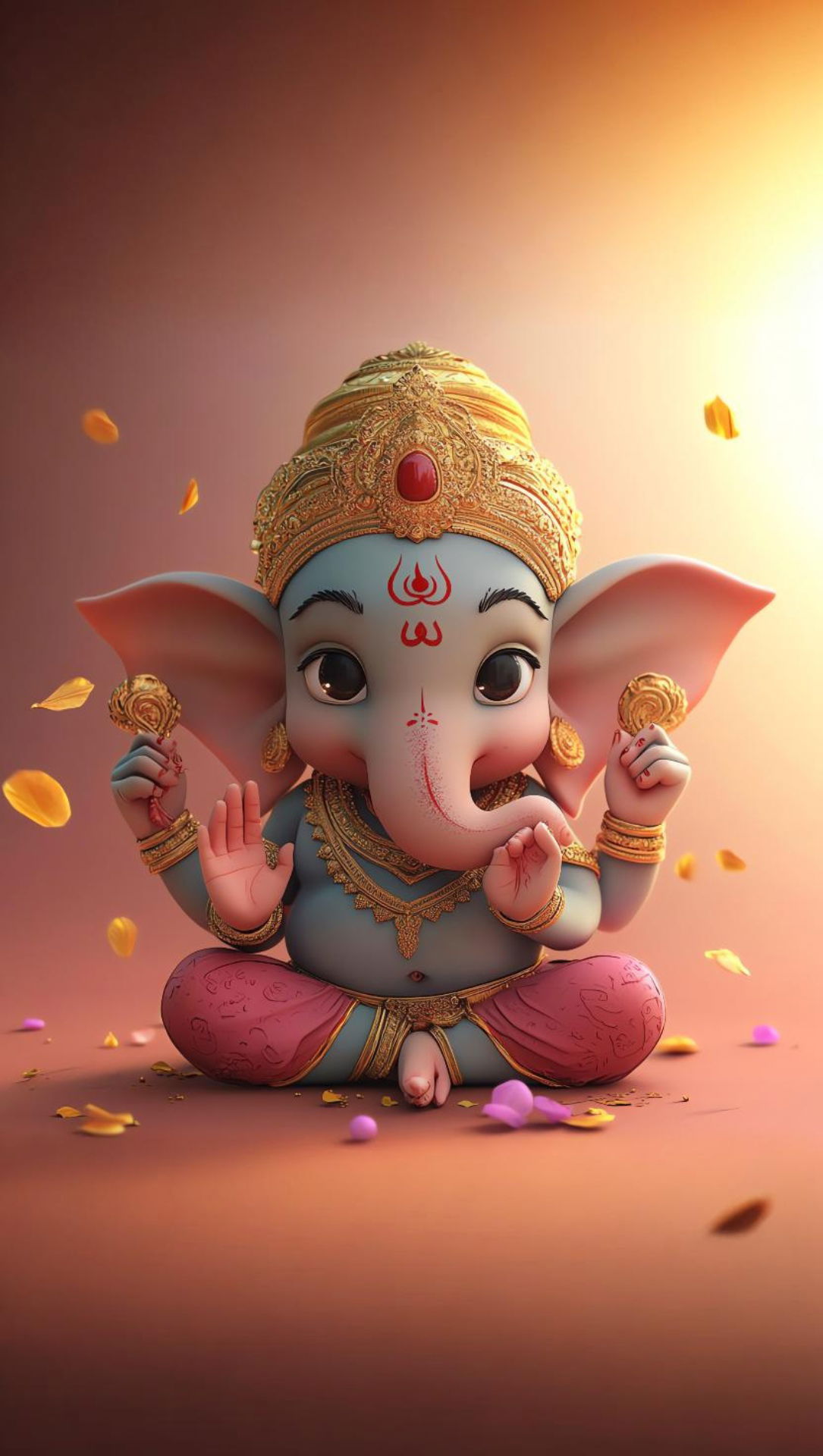 Blue-skinned Ganesha with floral offerings.