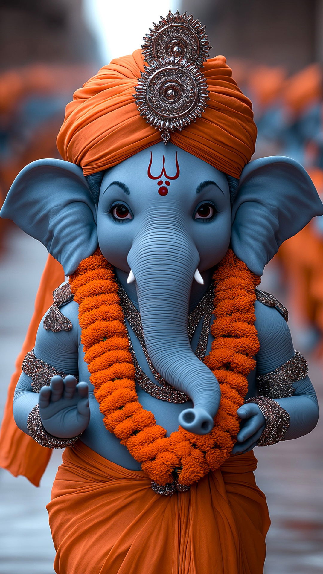 Blue Ganesha with orange garland
