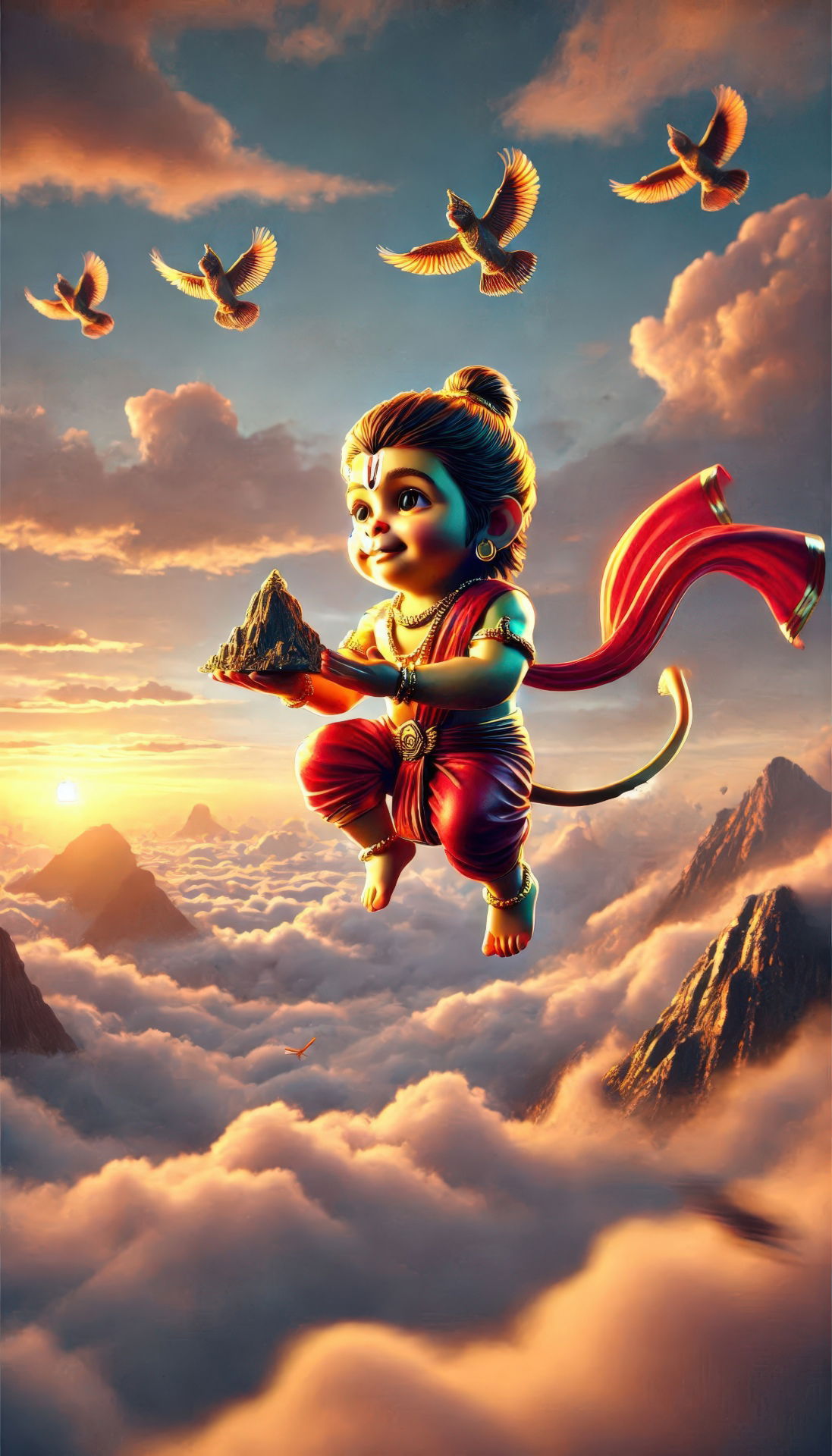 Baby Hanuman carrying a mountain aloft