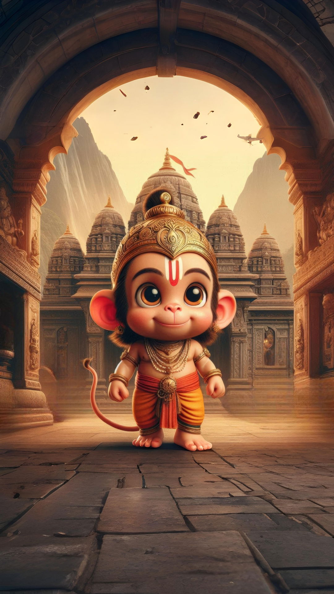 Cute baby Hanuman stands before temple.