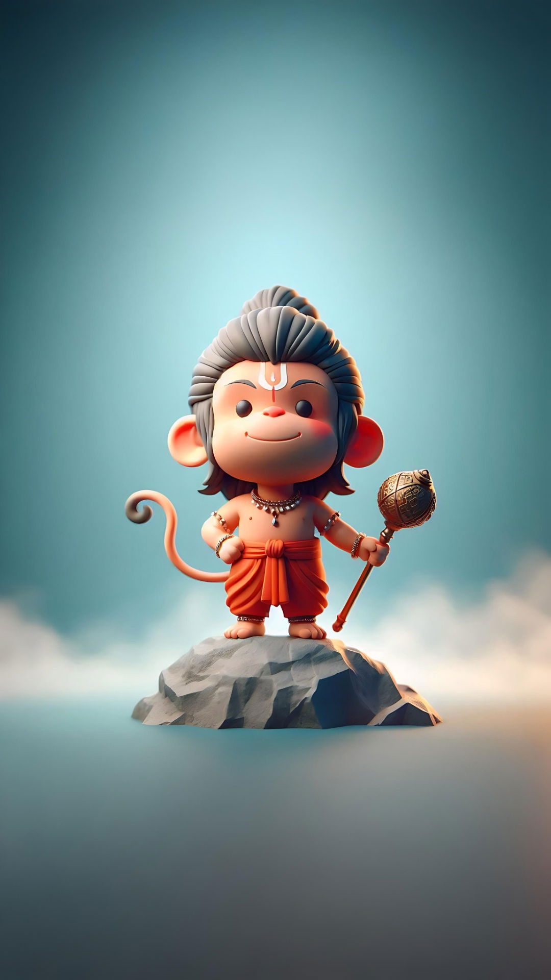 Cute Hanuman with mace and mountain.