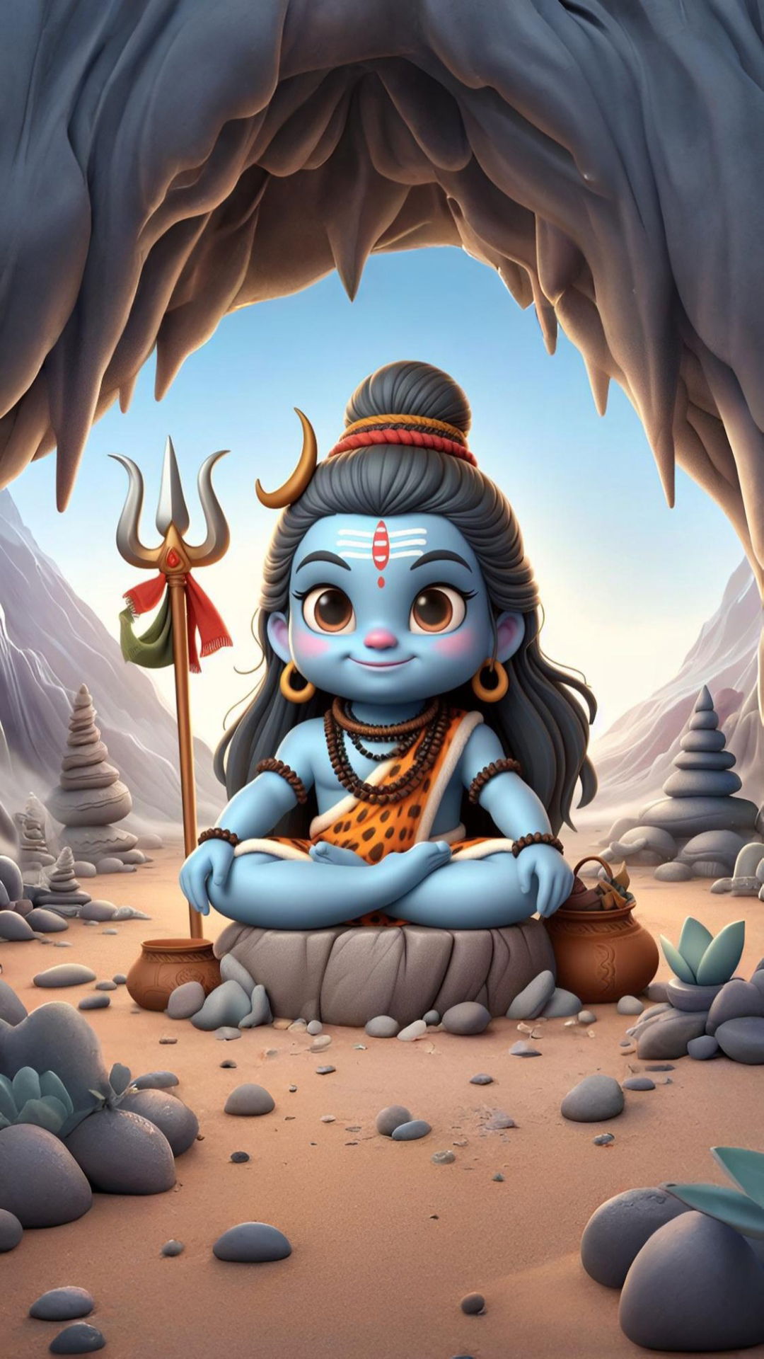 Cute baby Shiva meditating in a cave