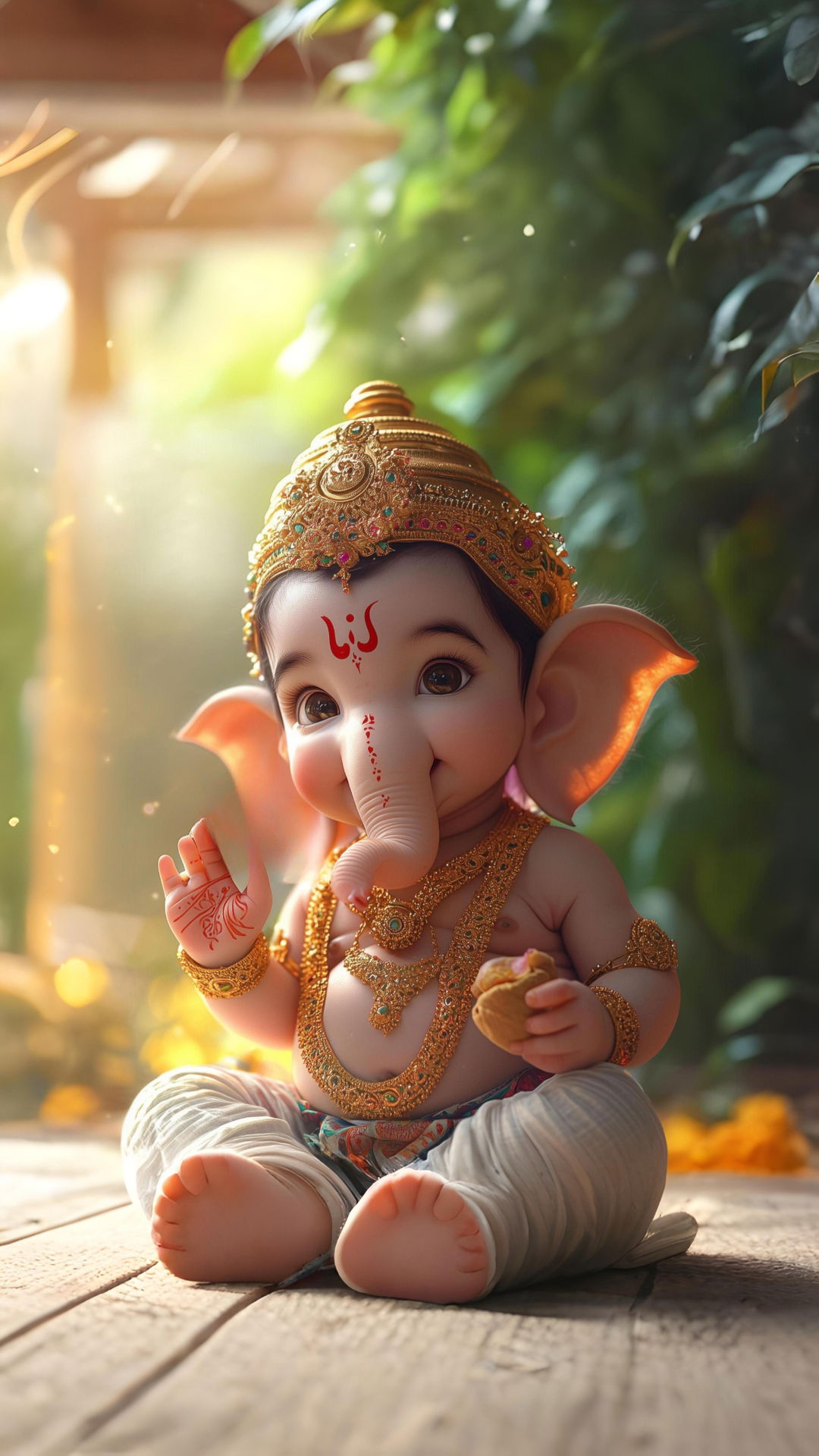 Baby Ganesha sitting on wood