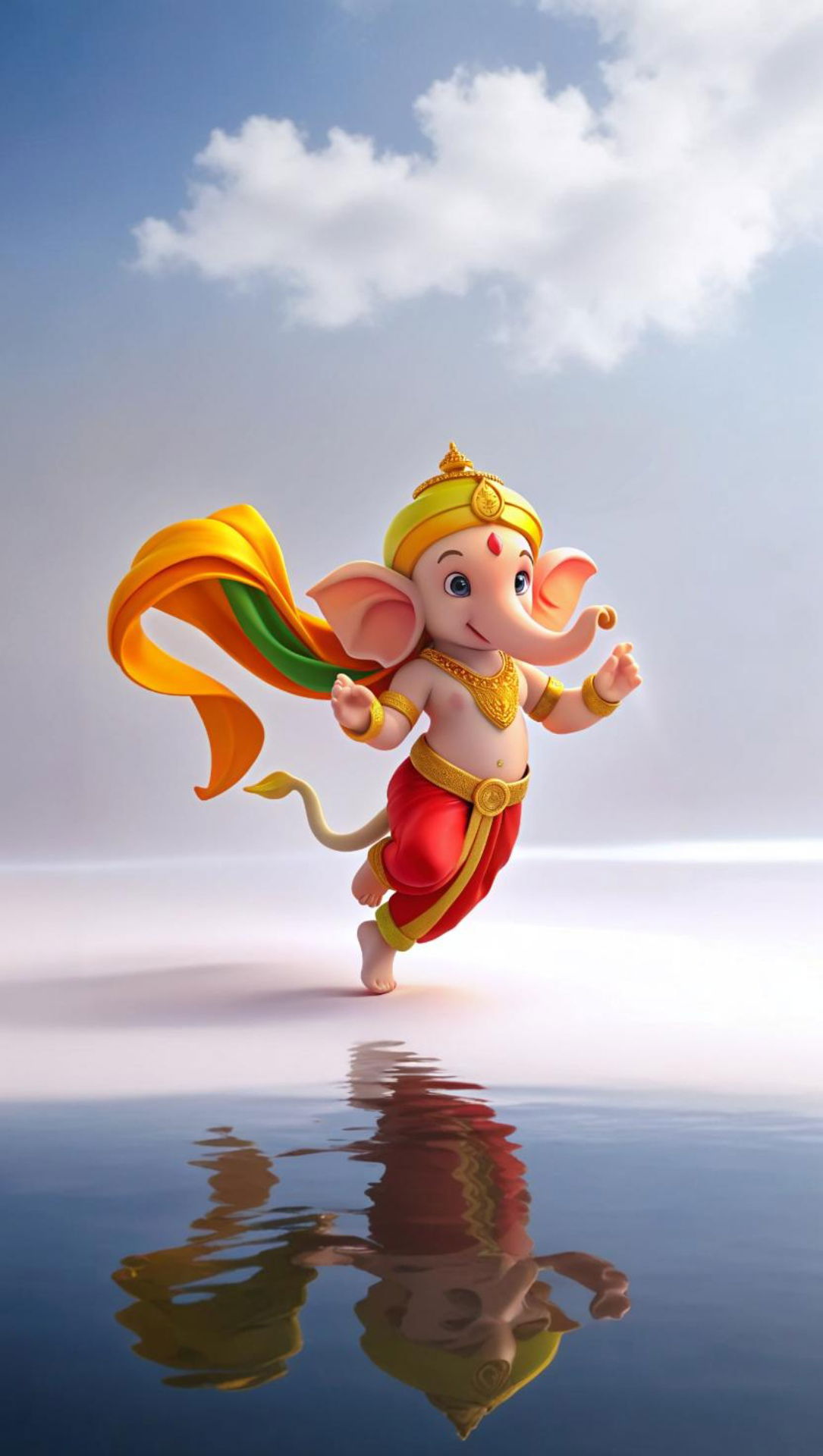 Playful Ganesha running on water.