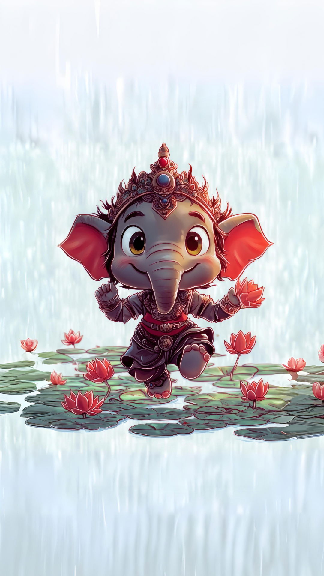 Cute baby Ganesha leaps on lotus pads