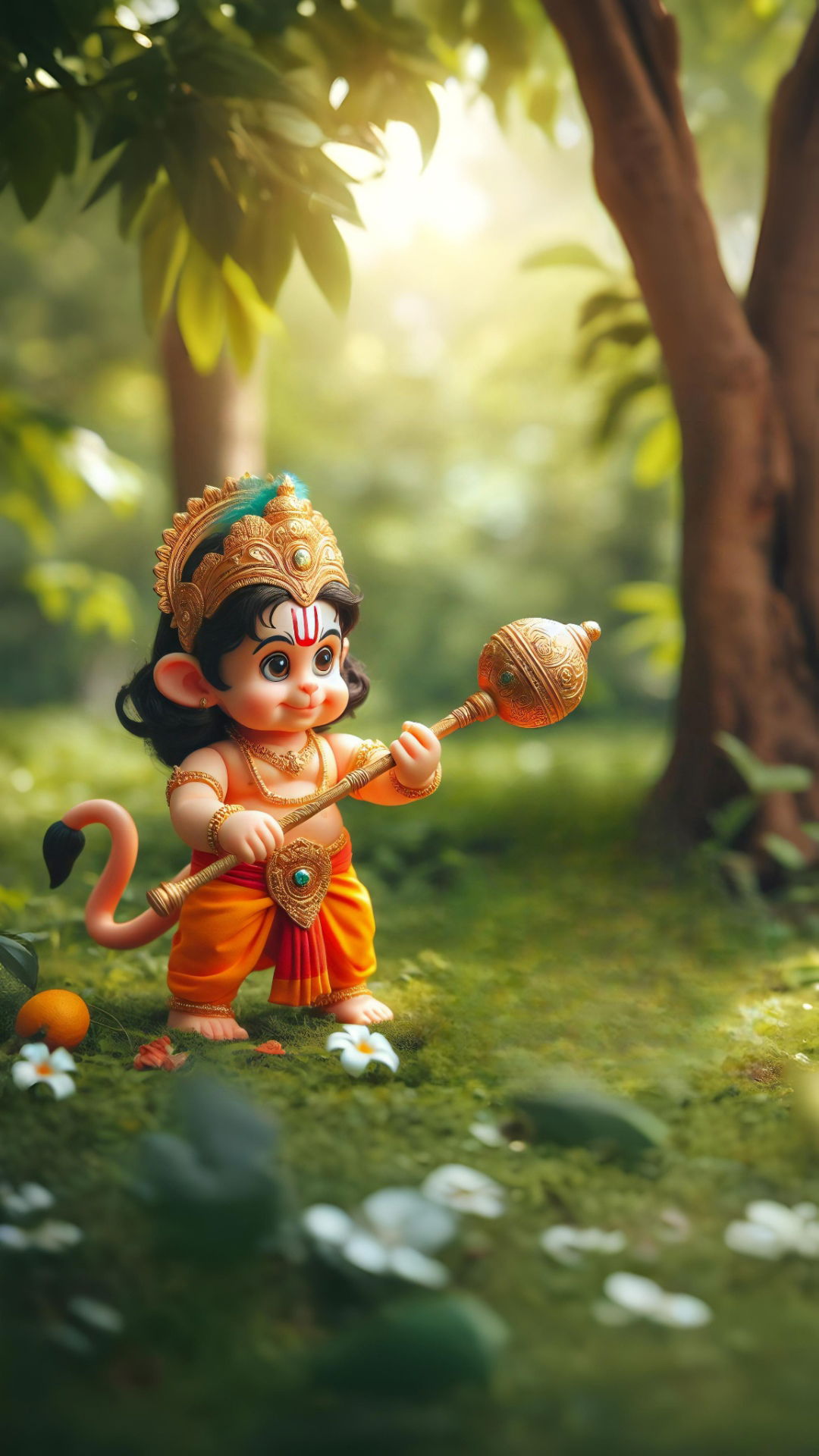 Baby Hanuman with mace in forest