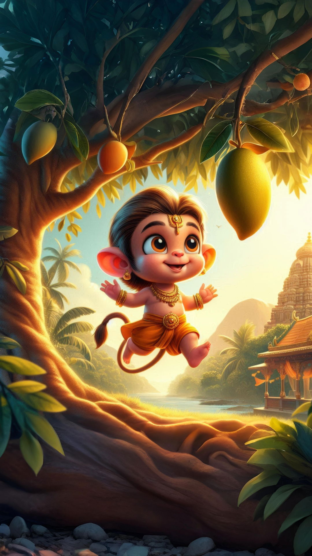 Playful baby Hanuman reaching for mango