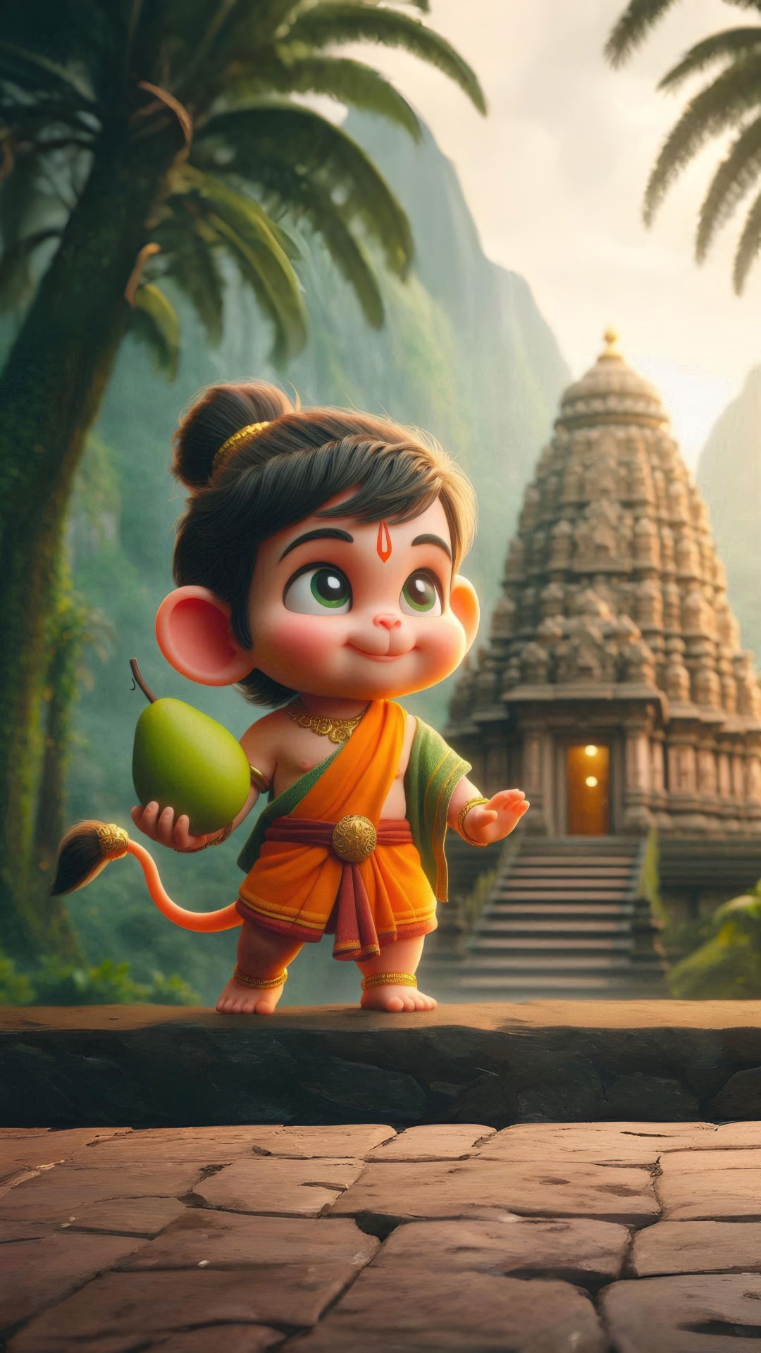 Adorable baby Hanuman with a mango
