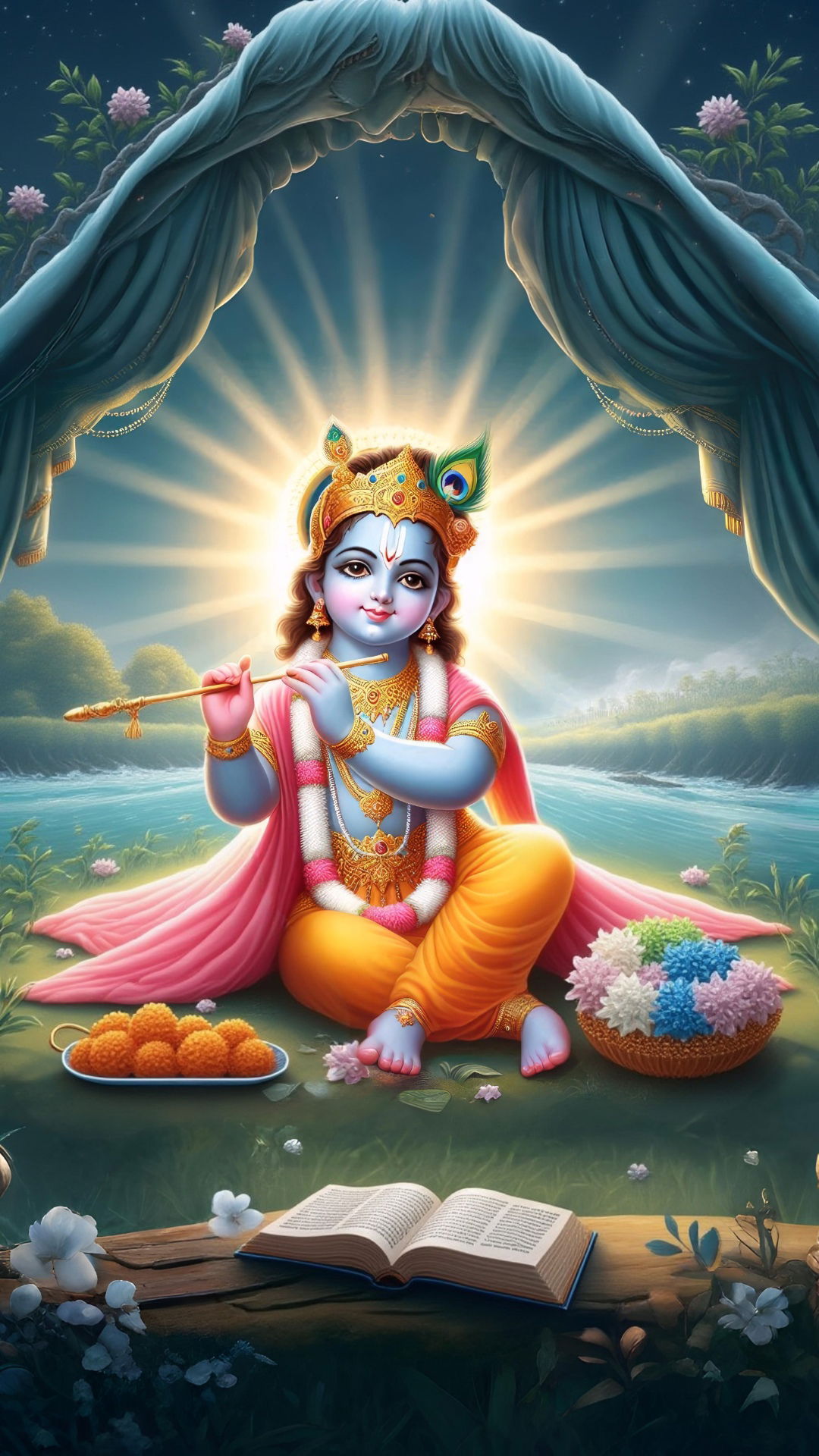 Baby Krishna playing flute, divine wallpaper