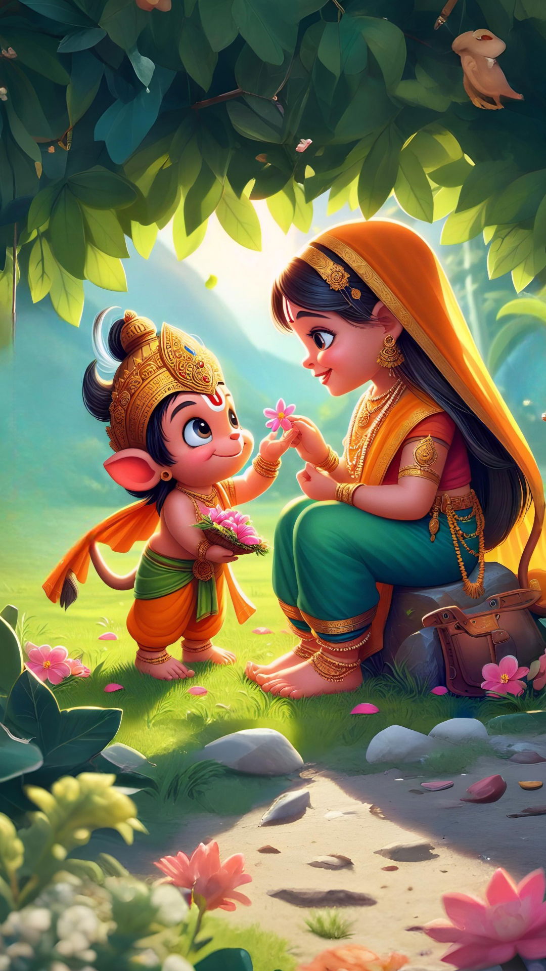 Krishna, Radha, and Hanuman in a garden