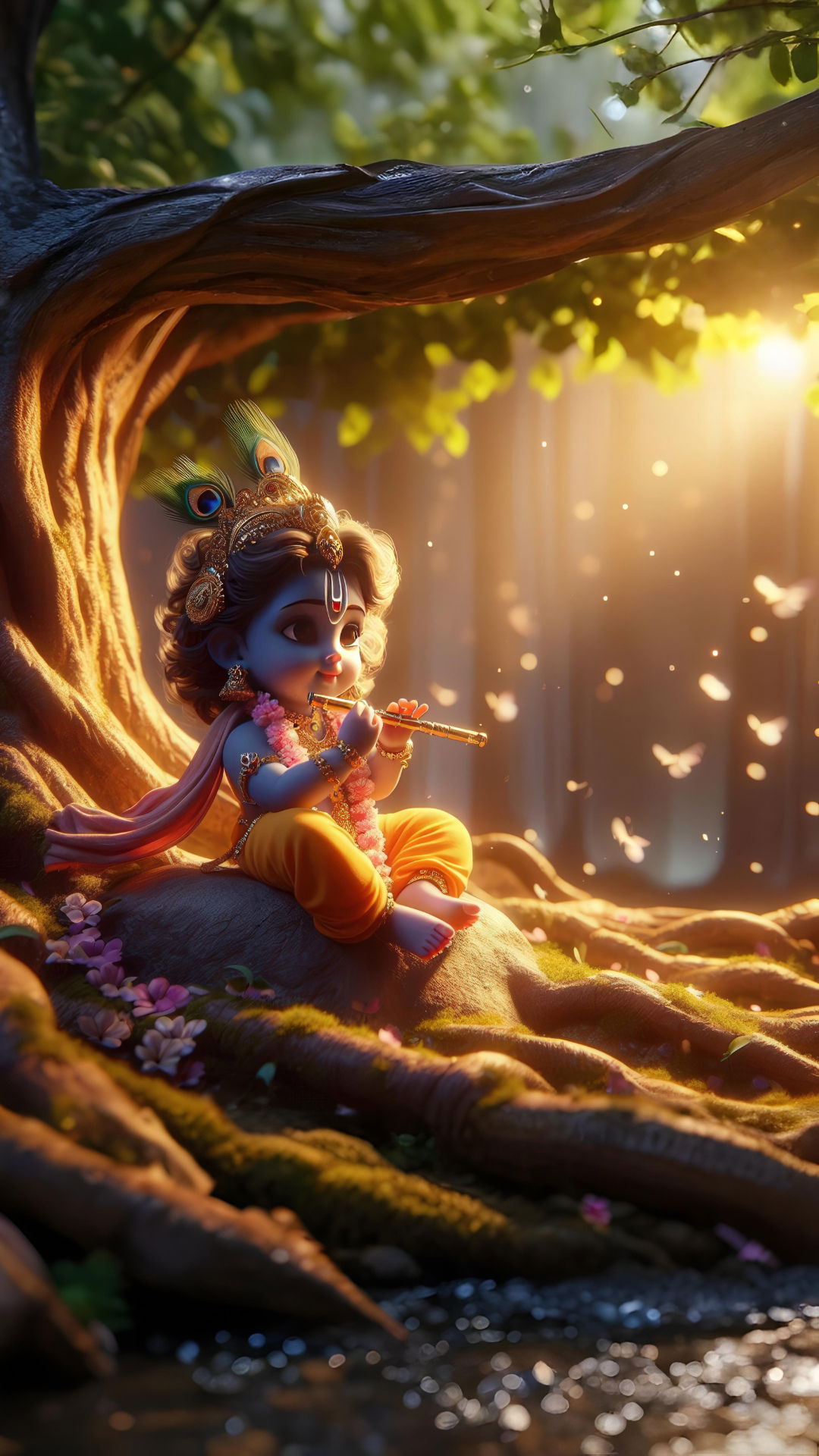 Little Krishna playing flute in forest