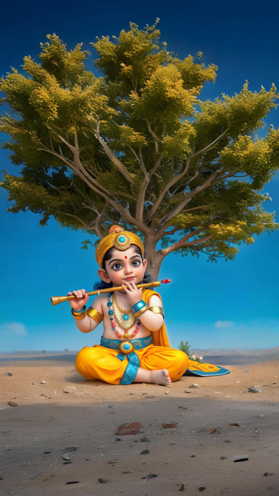 Baby Krishna playing a flute beneath tree.
