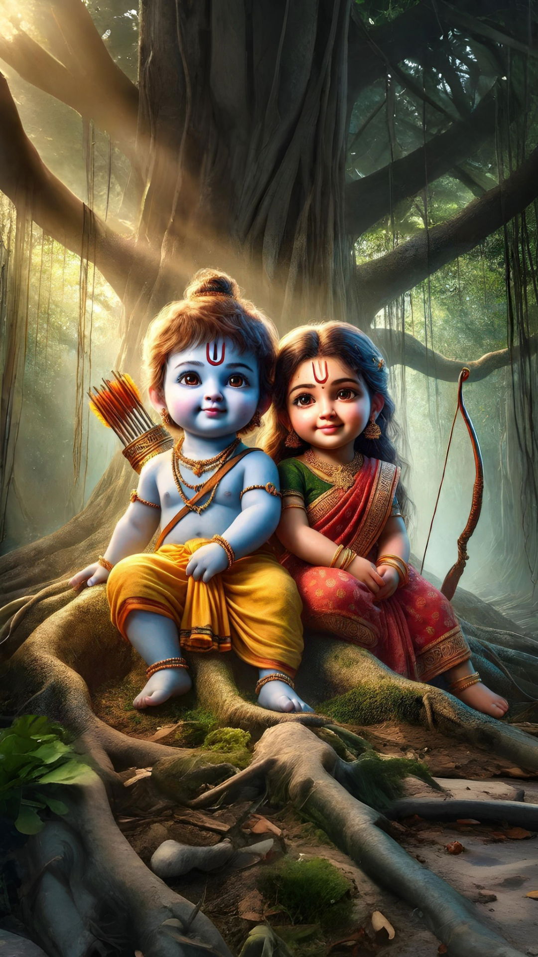 Baby Ram and Sita in a forest setting