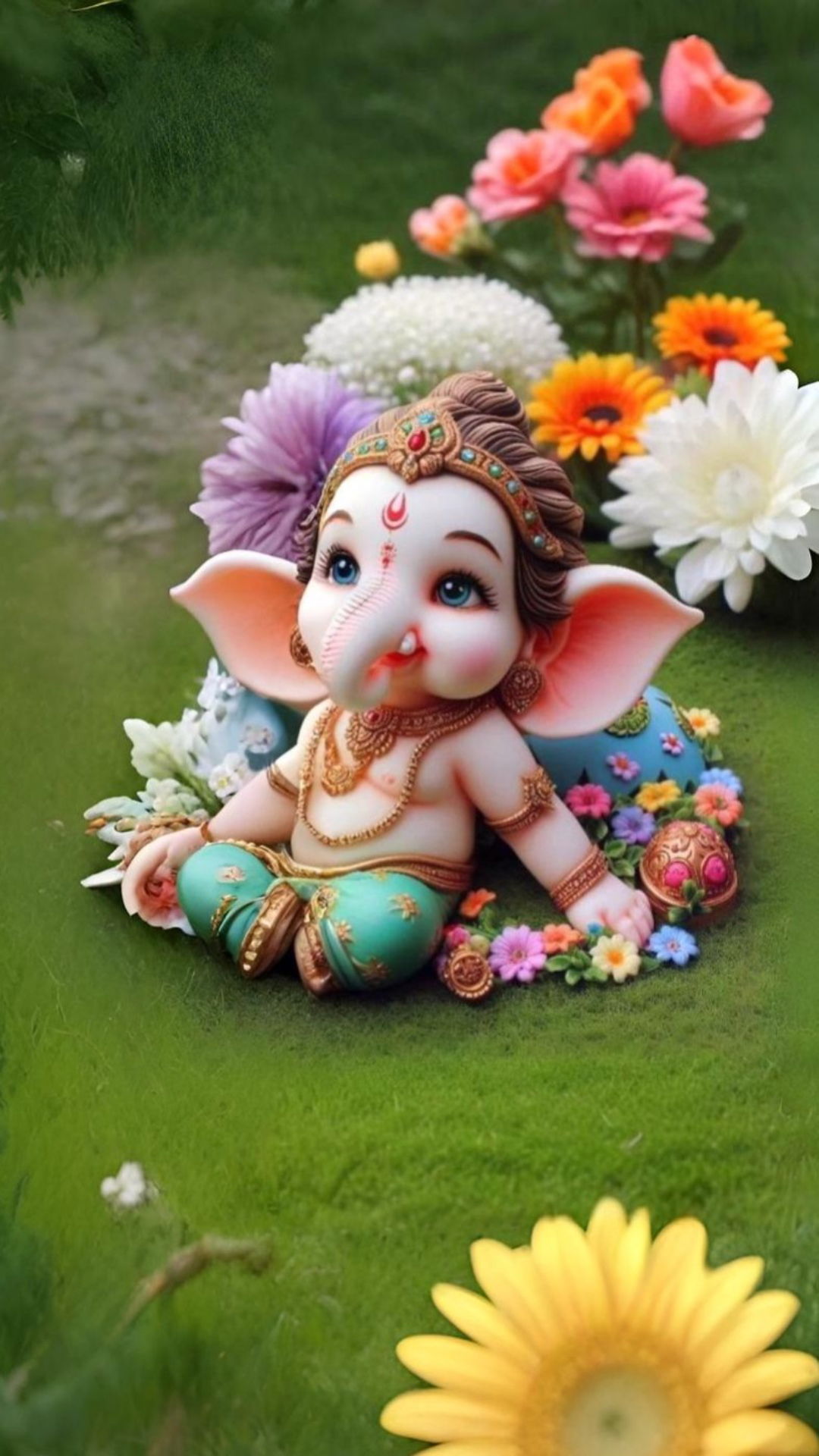 Ganesha surrounded by colorful flowers