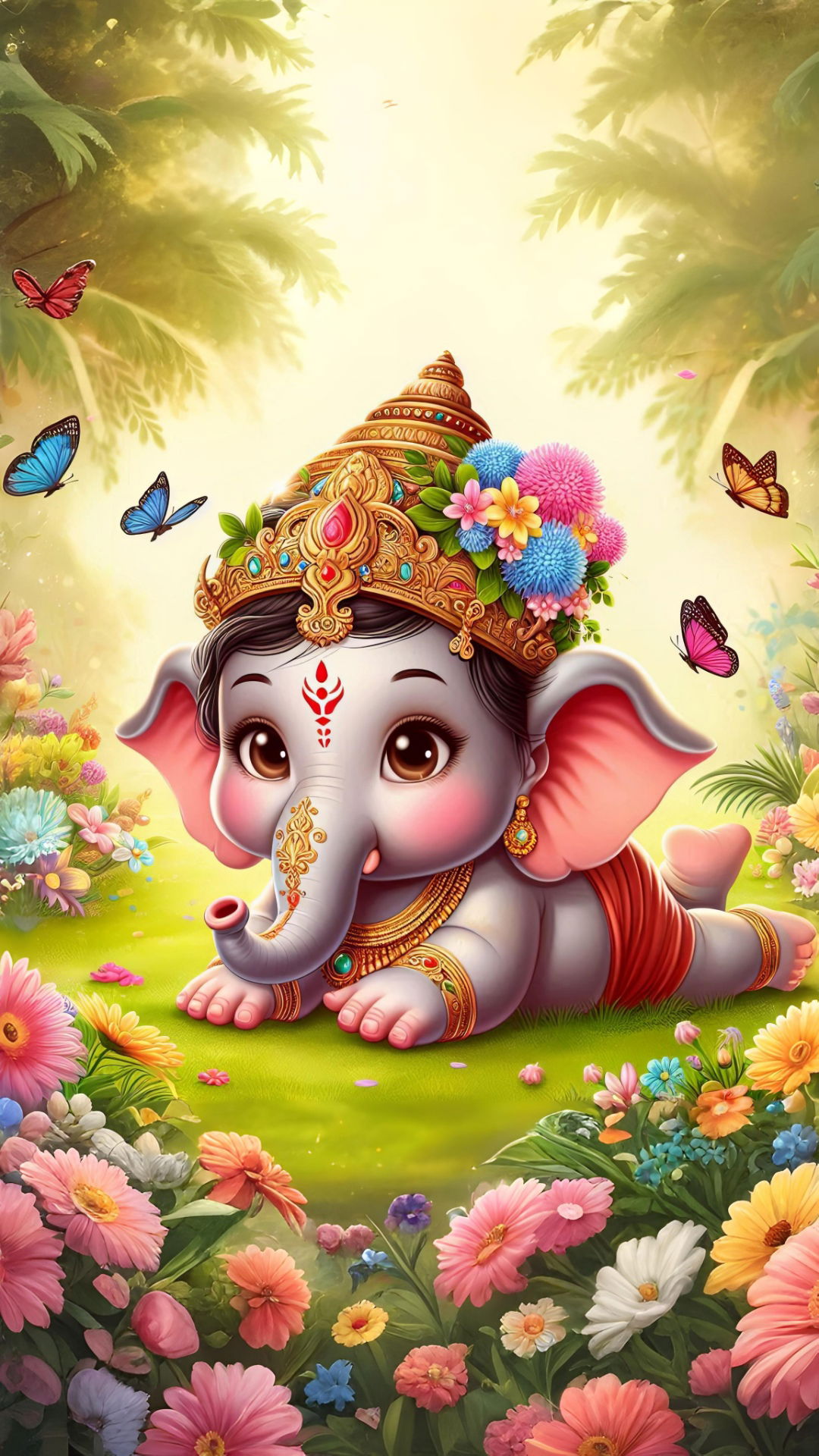 Baby Ganesha amidst a floral garden