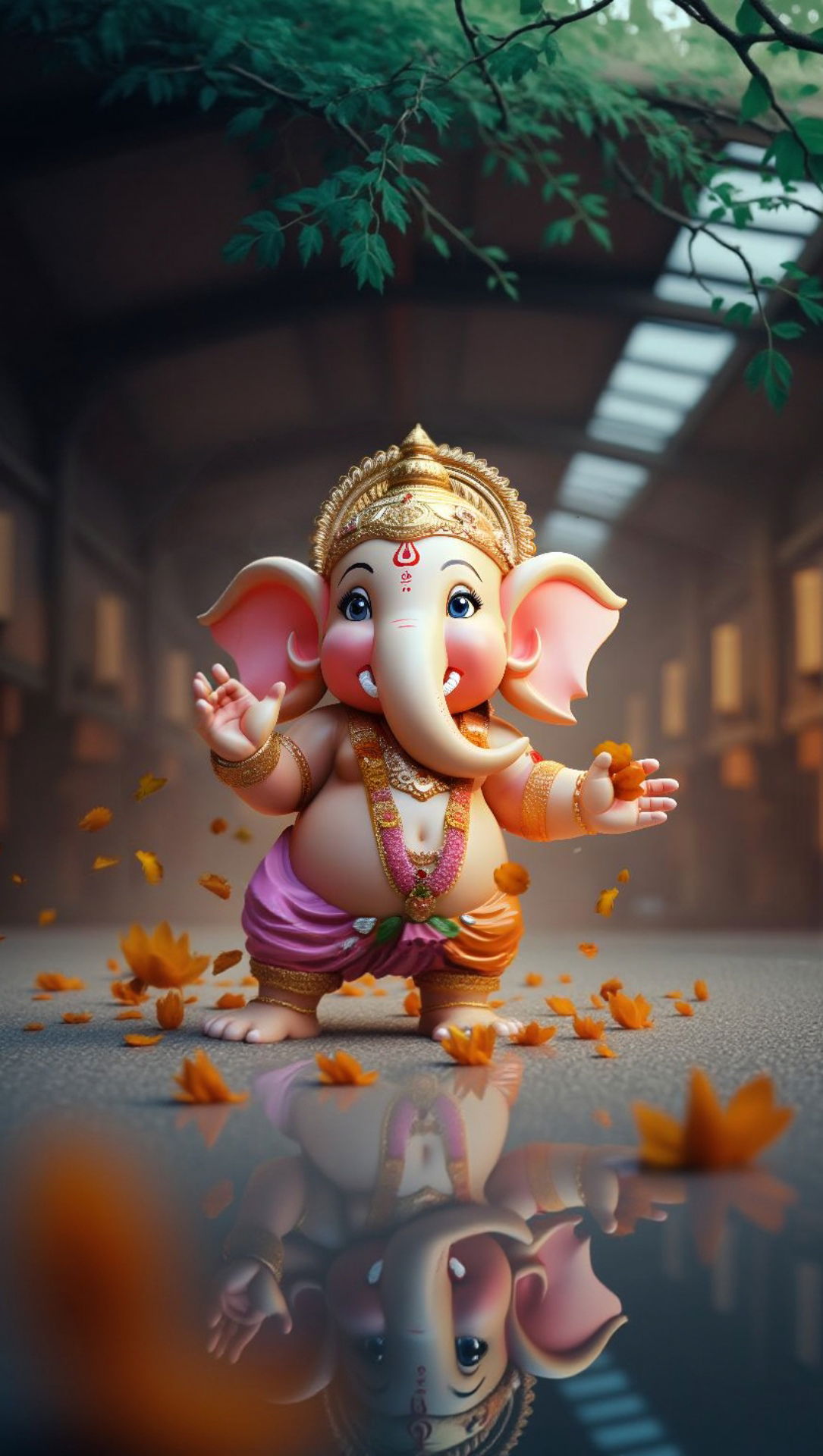Lord Ganesha amidst falling flower petals