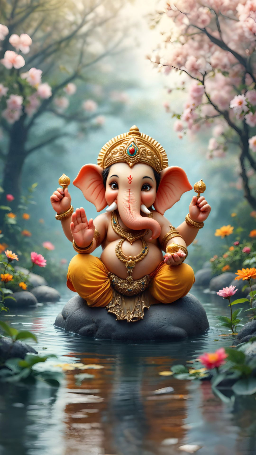 Ganesha amidst pink cherry blossoms