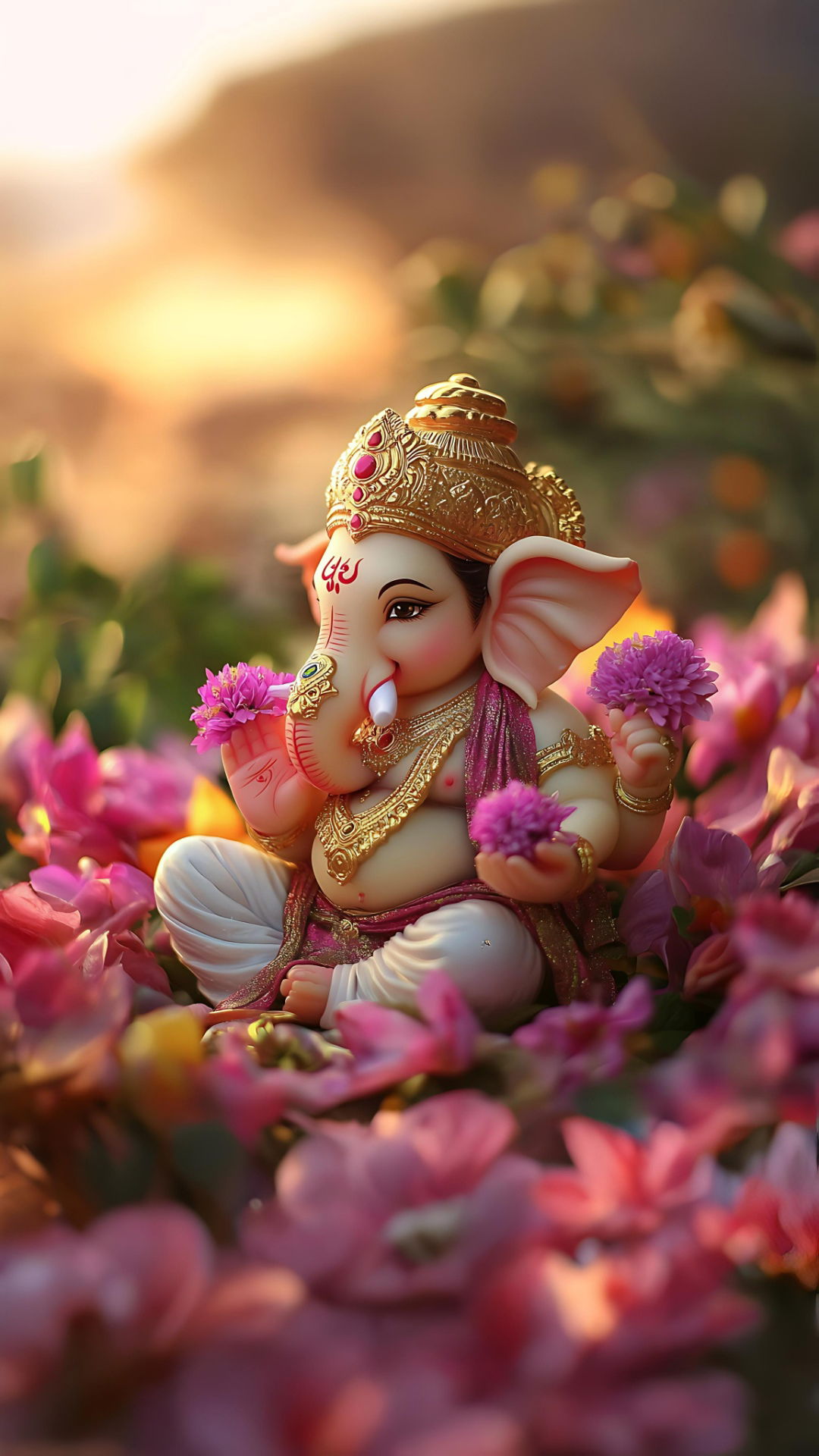 Ganesha surrounded by blooming pink lotuses