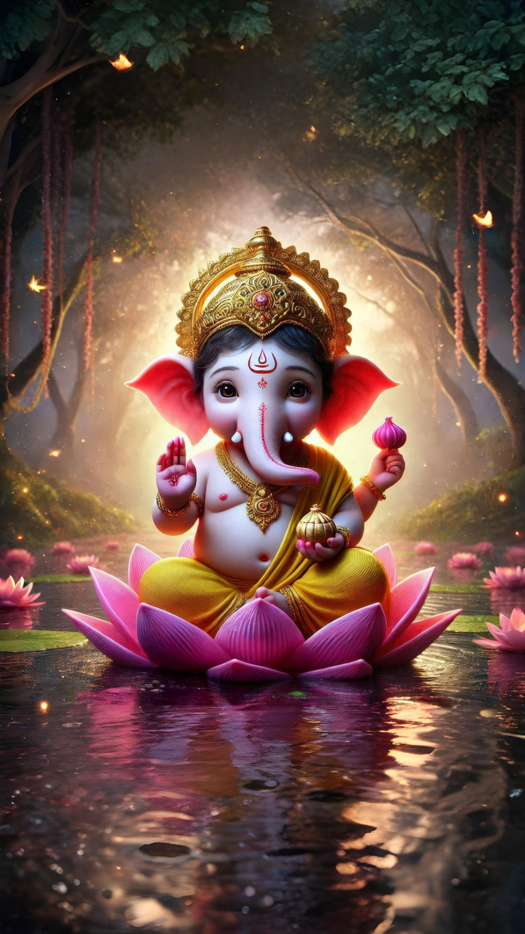 Ganesha seated on a pink lotus