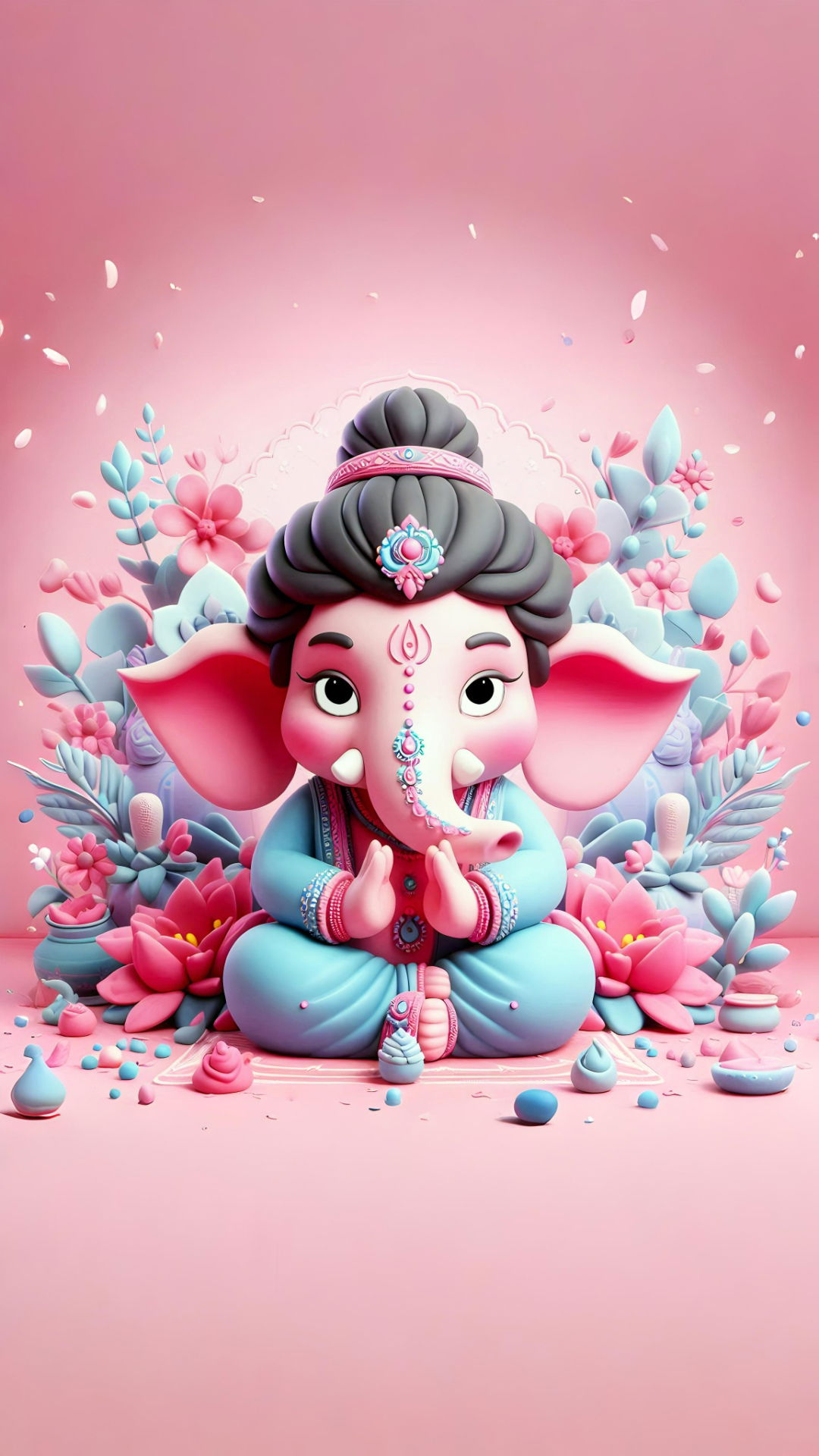 Adorable Ganesha surrounded by pink flowers.