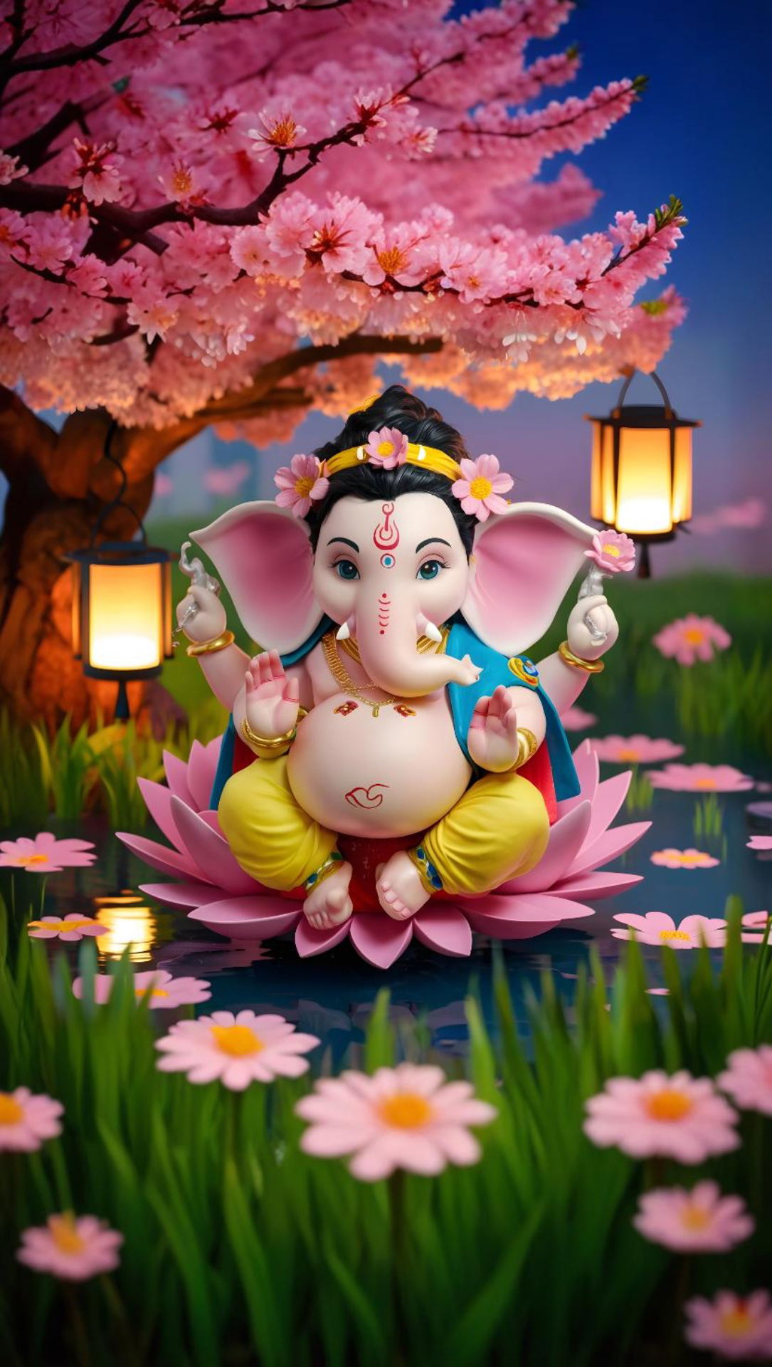 Ganesha sits amidst pink floral beauty