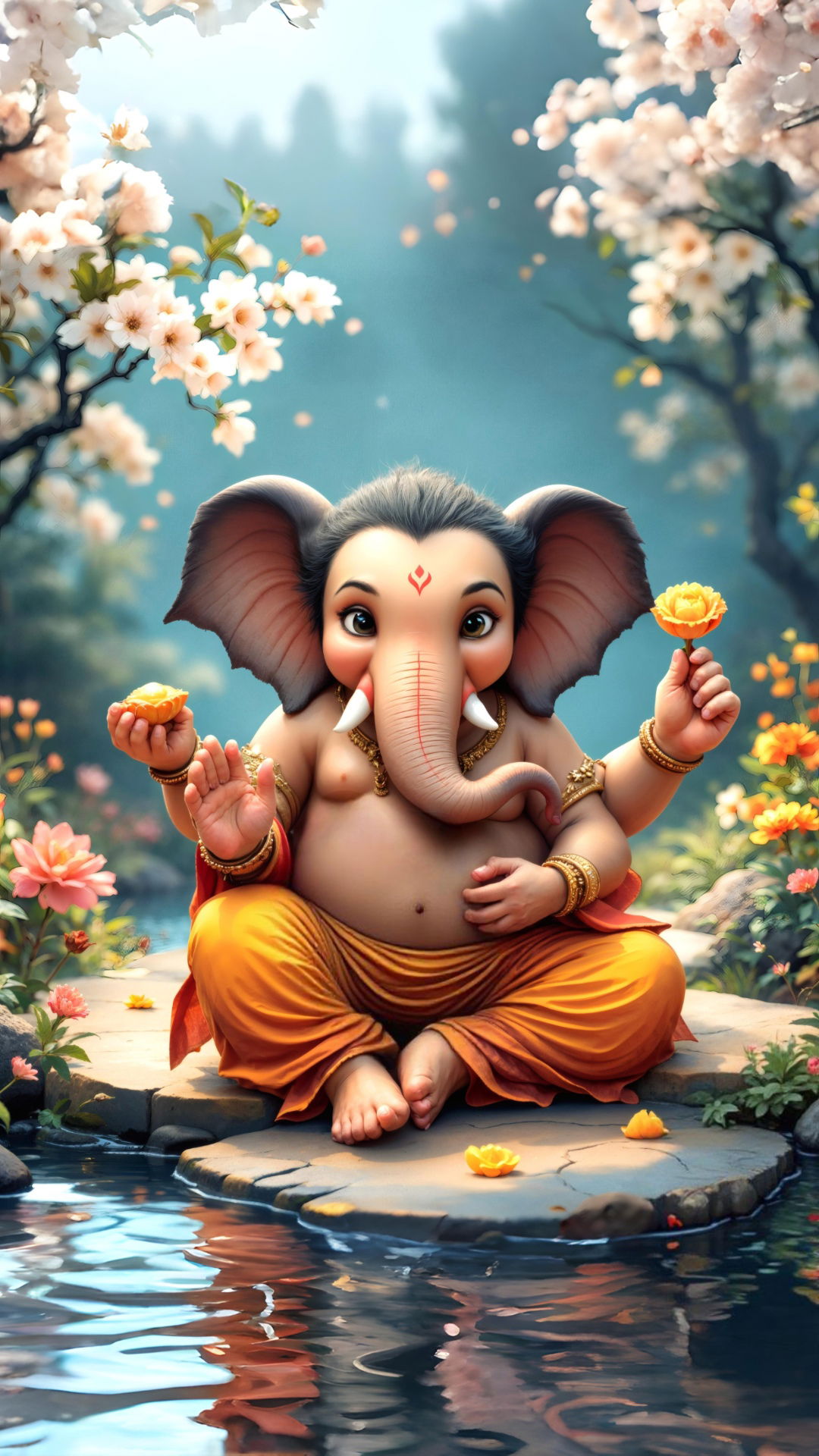 Baby Ganesha amidst pink blossoms