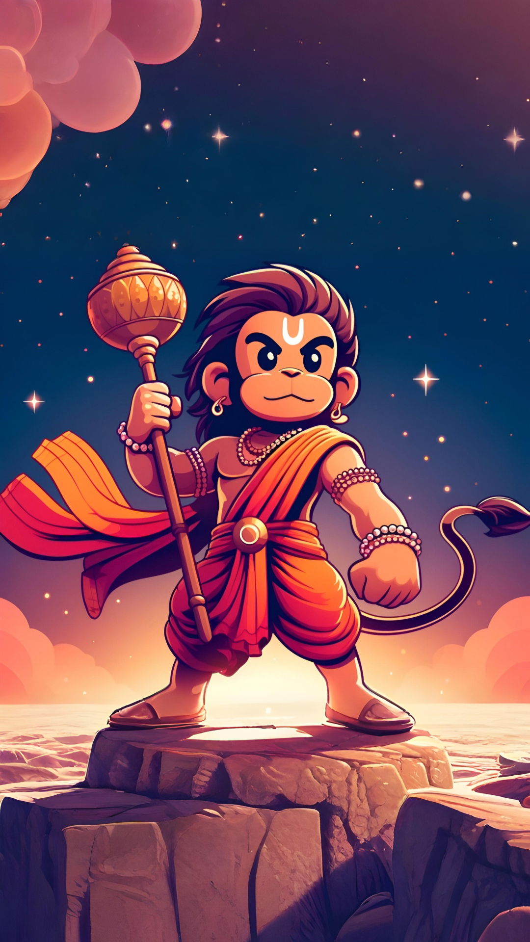 Hanuman standing with mace, night sky