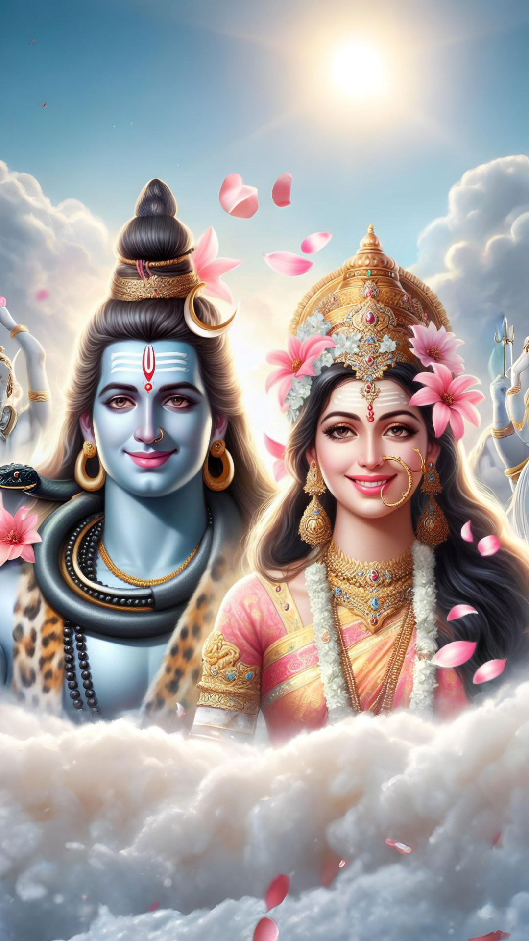 Shiva and Parvati amidst serene clouds