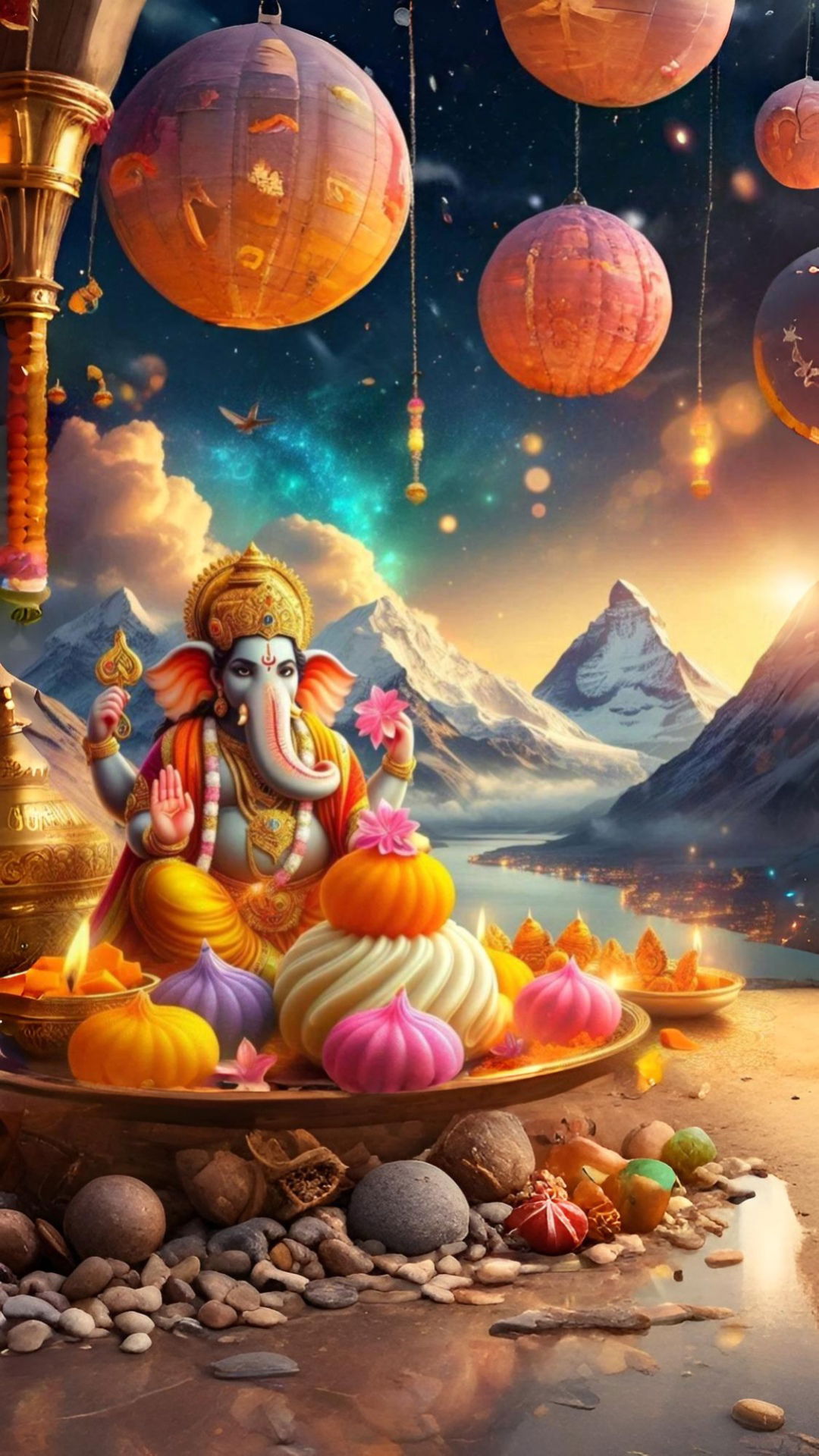 Ganesha amidst mountains and lotus flowers