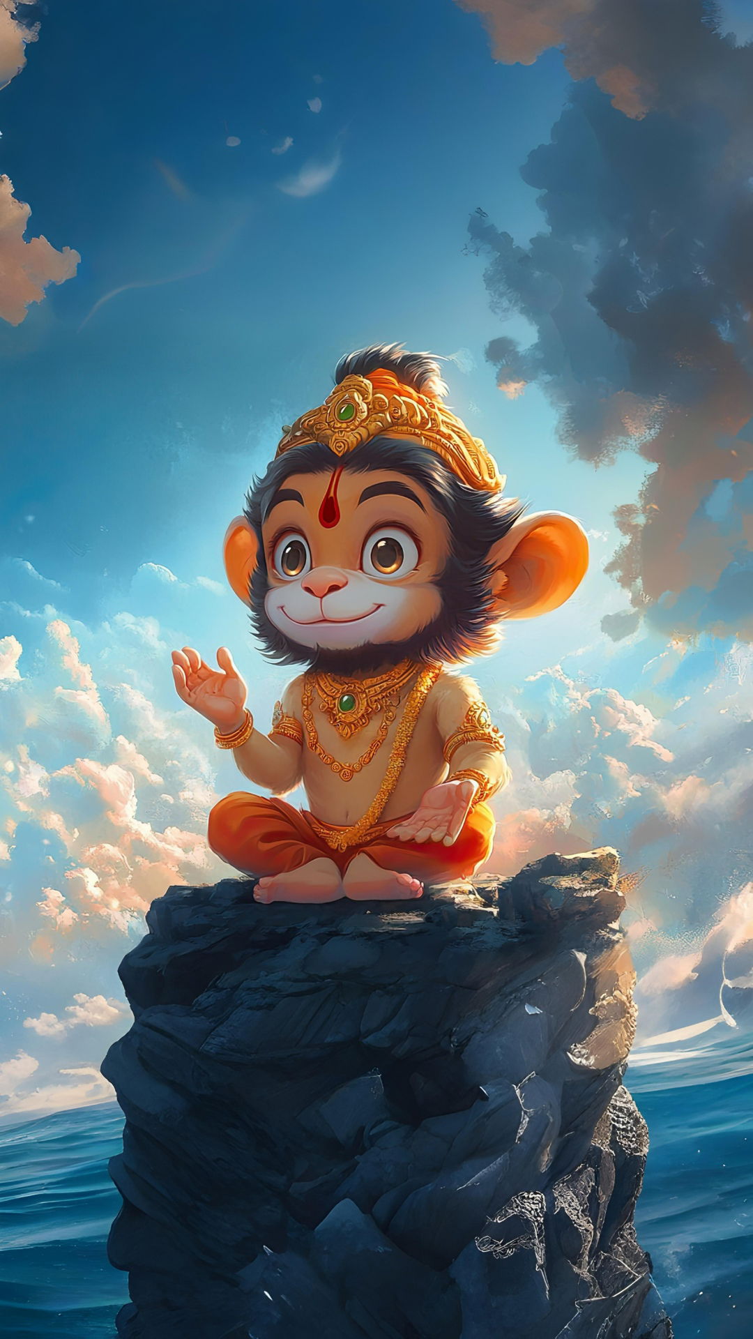 Baby Hanuman on a mountain peak