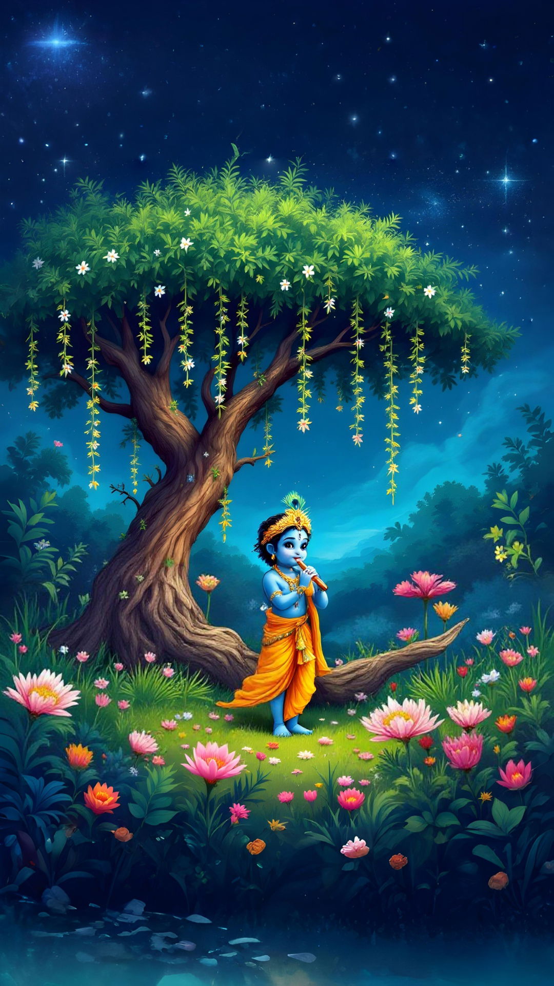 Baby Krishna playing flute under starry sky